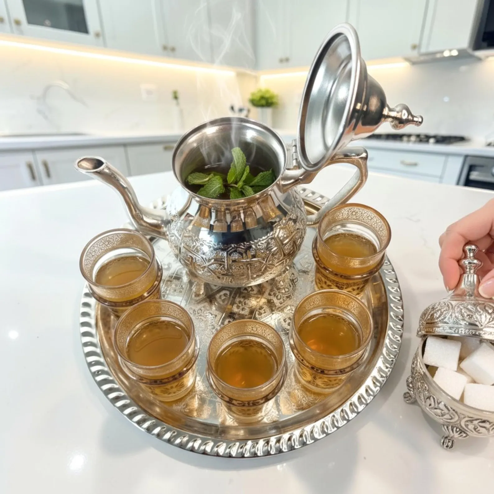 Fès Silver Filigree Tea Set with Gold-Trimmed Glasses — view 10