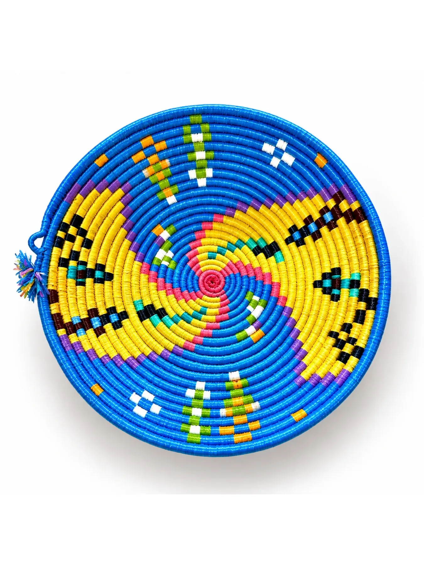 Handwoven Moroccan Amazigh Basket, Colorful Round Straw Wall Decor & Serving Tray