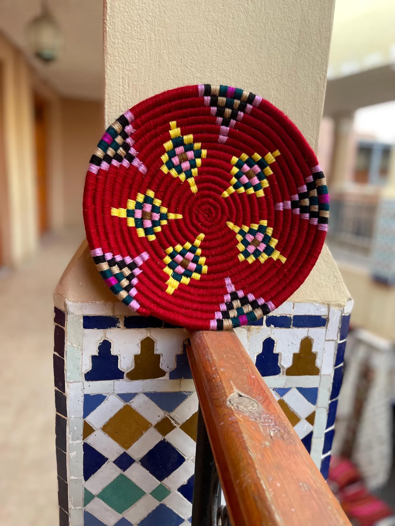 Handwoven Moroccan Berber Basket – Colorful Boho Wall Decor – Handmade Amazigh Straw Woven Tray (Black, Blue, Red) — view 5