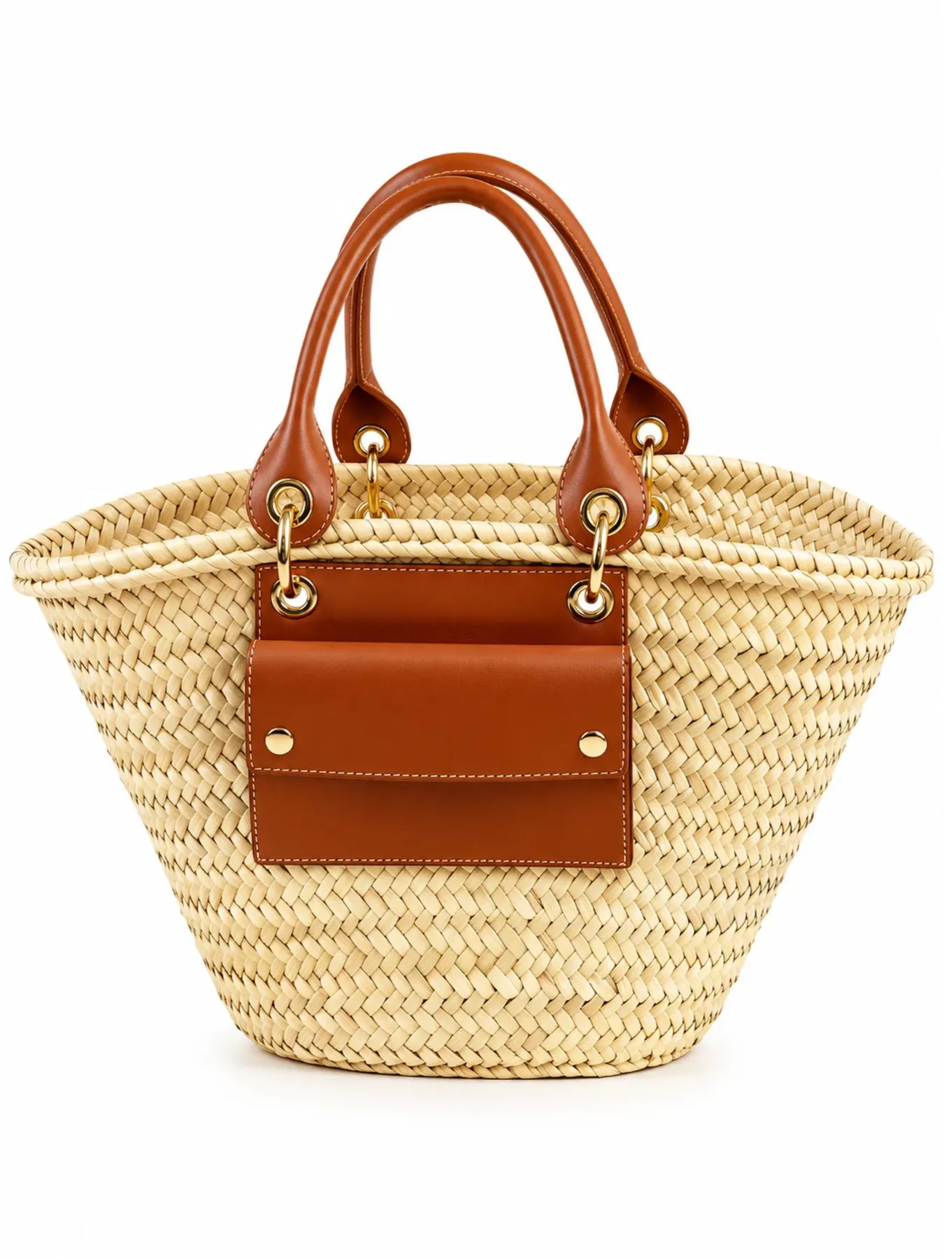 Handwoven Moroccan Palm Leaf Basket Bag, Leather Handle Market Tote