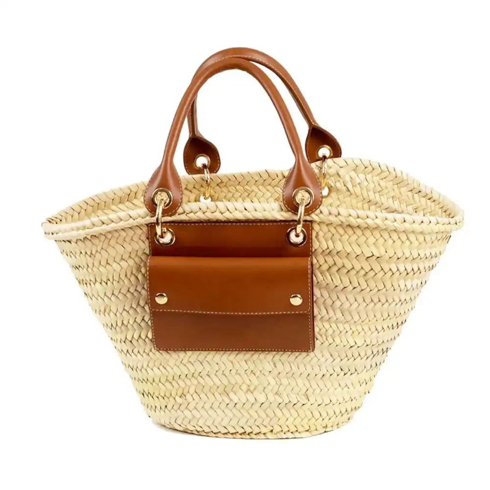Handwoven Moroccan Palm Leaf Basket with Leather Handles — view 2