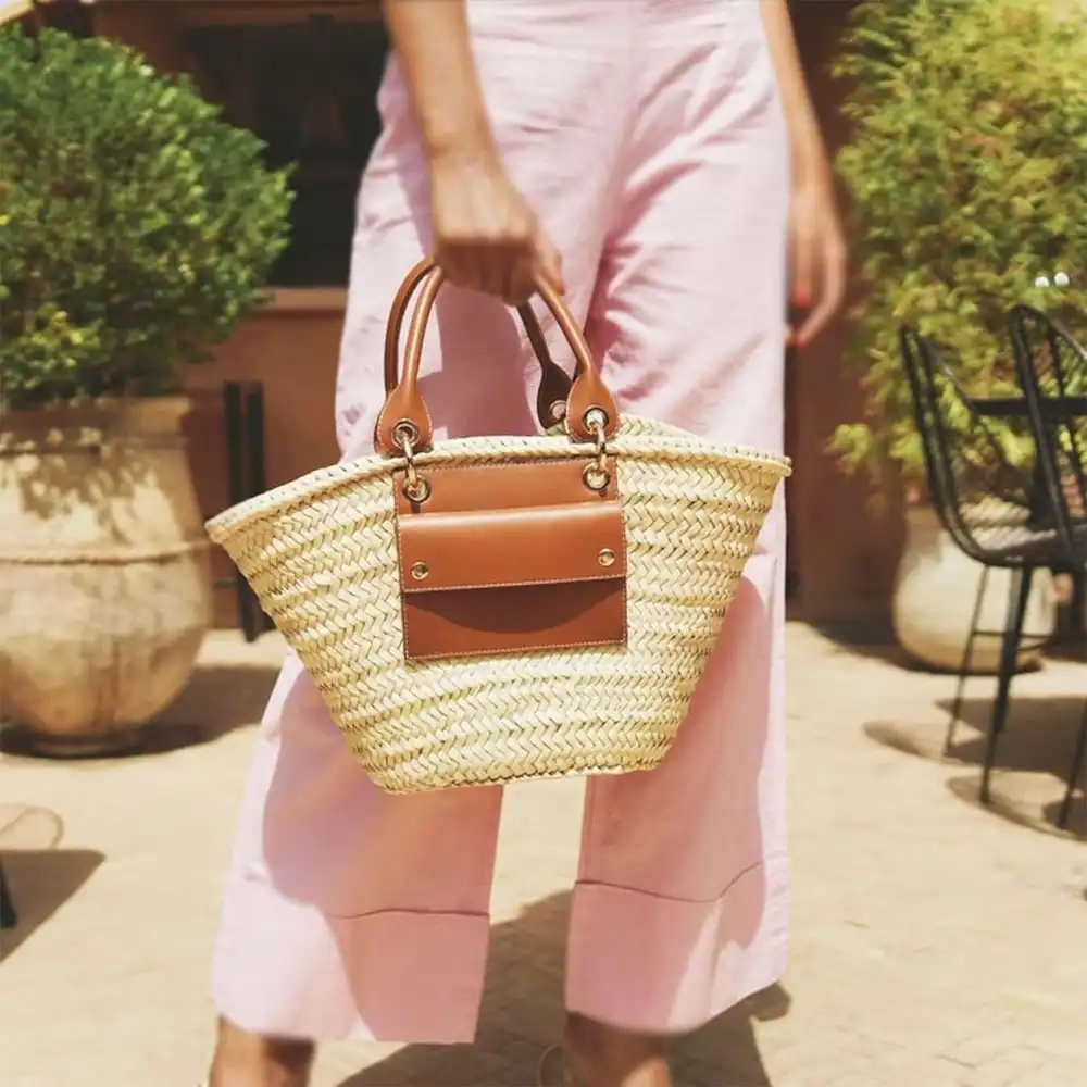 Handwoven Moroccan Palm Leaf Basket with Leather Handles — view 3
