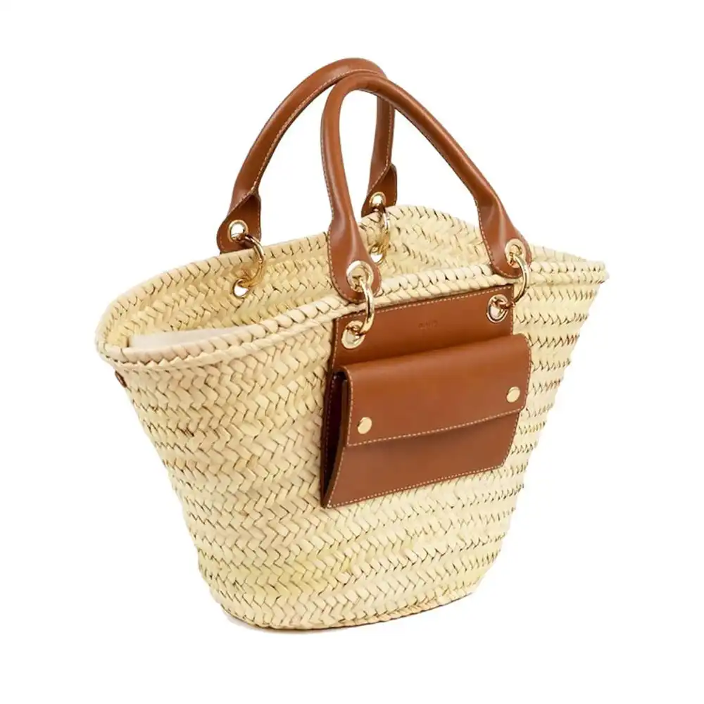 Handwoven Moroccan Palm Leaf Basket with Leather Handles