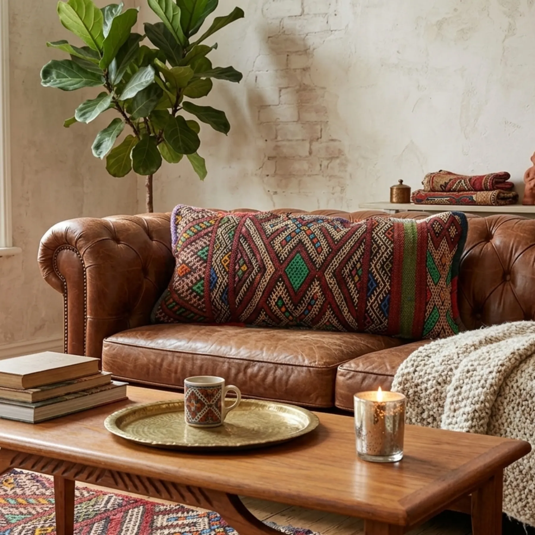 Handwoven Wool Pillow with Berber Diamond Motifs and Striped Reverse
