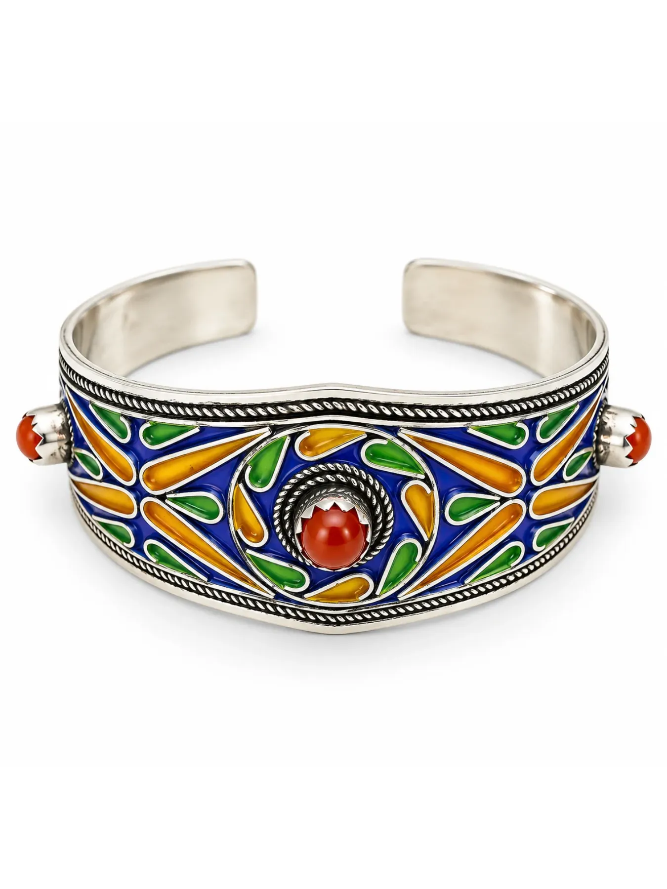 Handcrafted Tiznit Silver Cuff with Coral & Enamel, Amazigh-Inspired Moroccan Bracelet