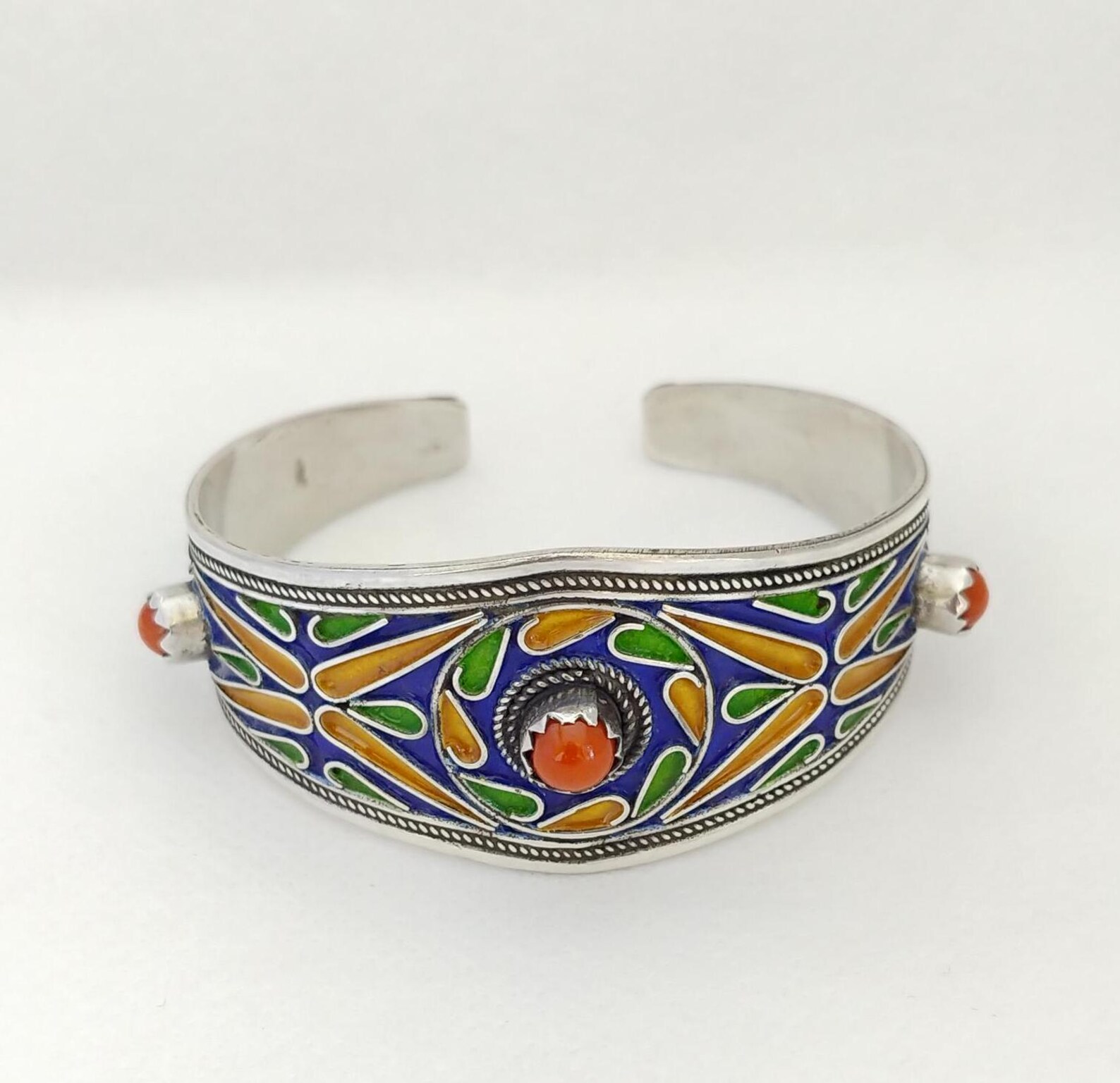 Tiznit Silver Filigree Cuff with Coral and Enamel — view 2