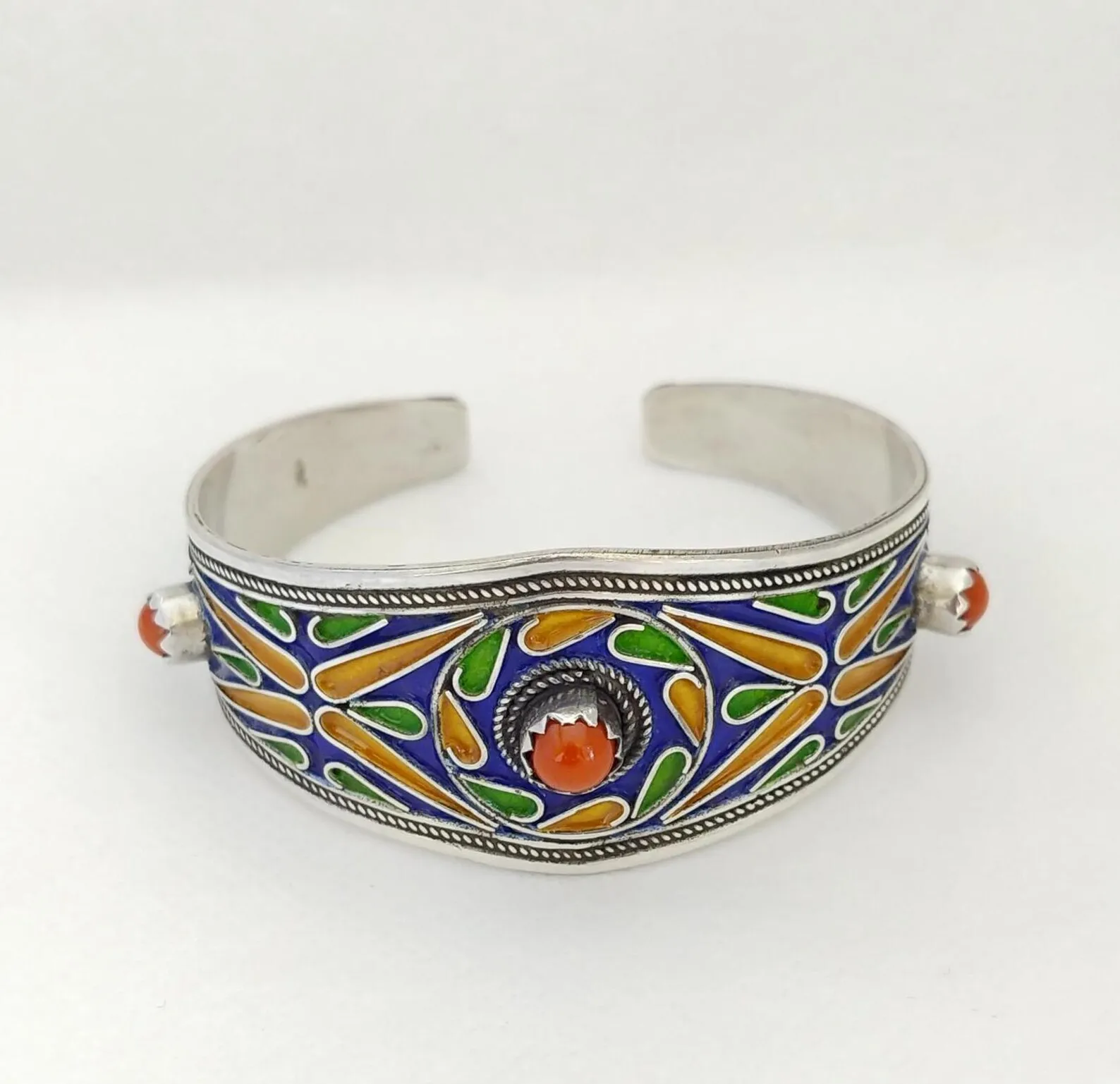 Tiznit Silver Filigree Cuff with Coral and Enamel — view 2