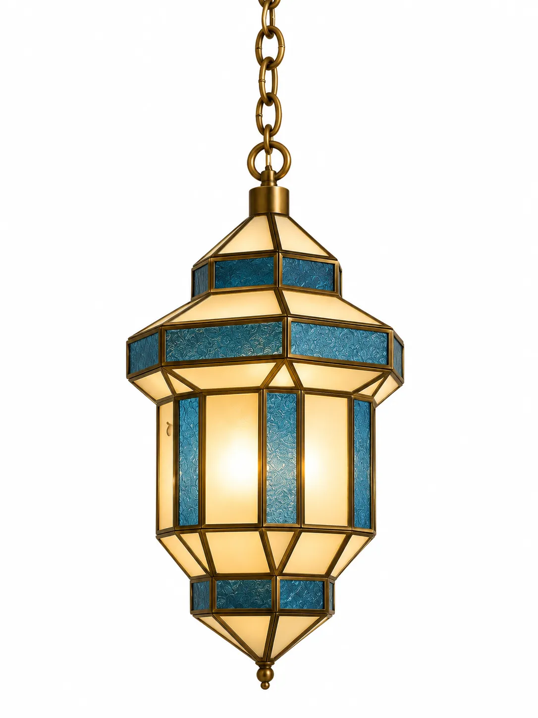 Handcrafted Moroccan Copper Lantern with Blue and Amber Glass, Marrakech Pendant Light