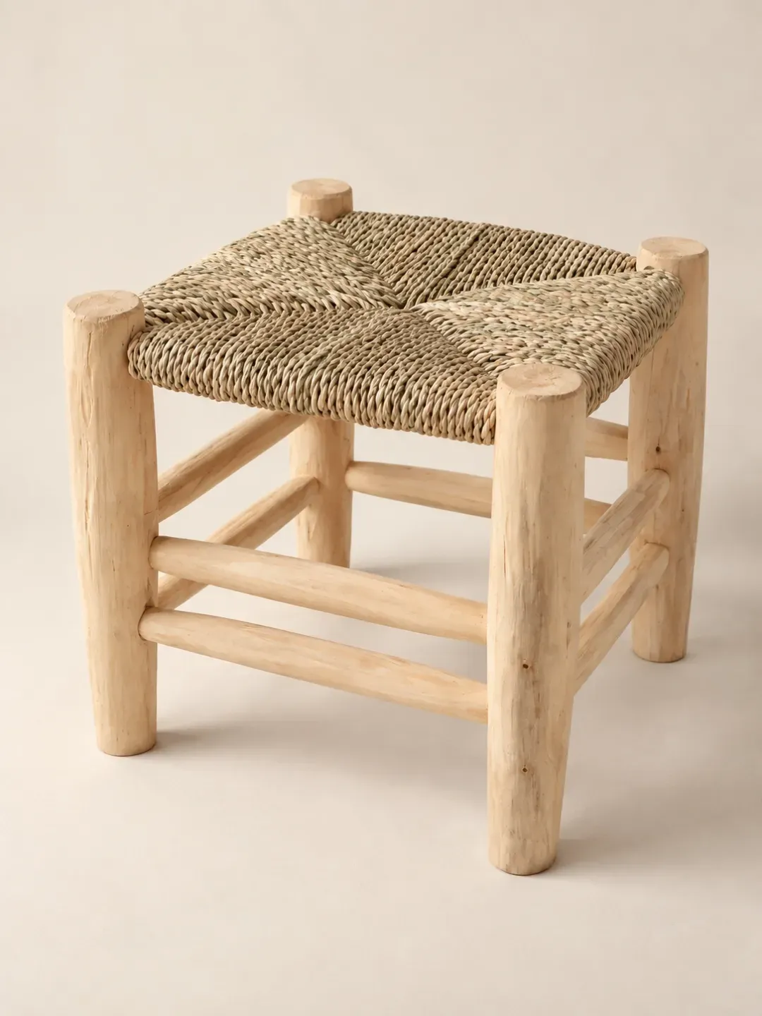 Moroccan Beldi Wood & Esparto Grass Stool, Handwoven Natural Seat