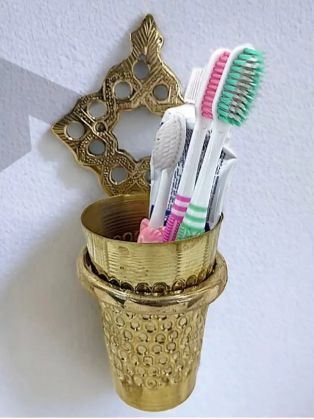 Moroccan Brass Bathroom Cup & Wall Holder — Handmade Marrakech