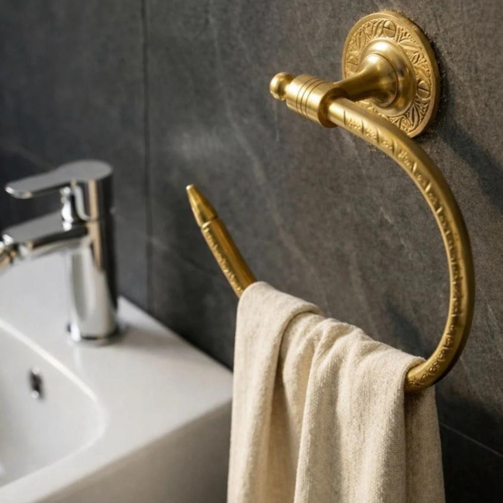 Moroccan Brass Bathroom Set – Hand-Engraved Towel Bar, Toilet Paper Holder & Wall Cup — view 12