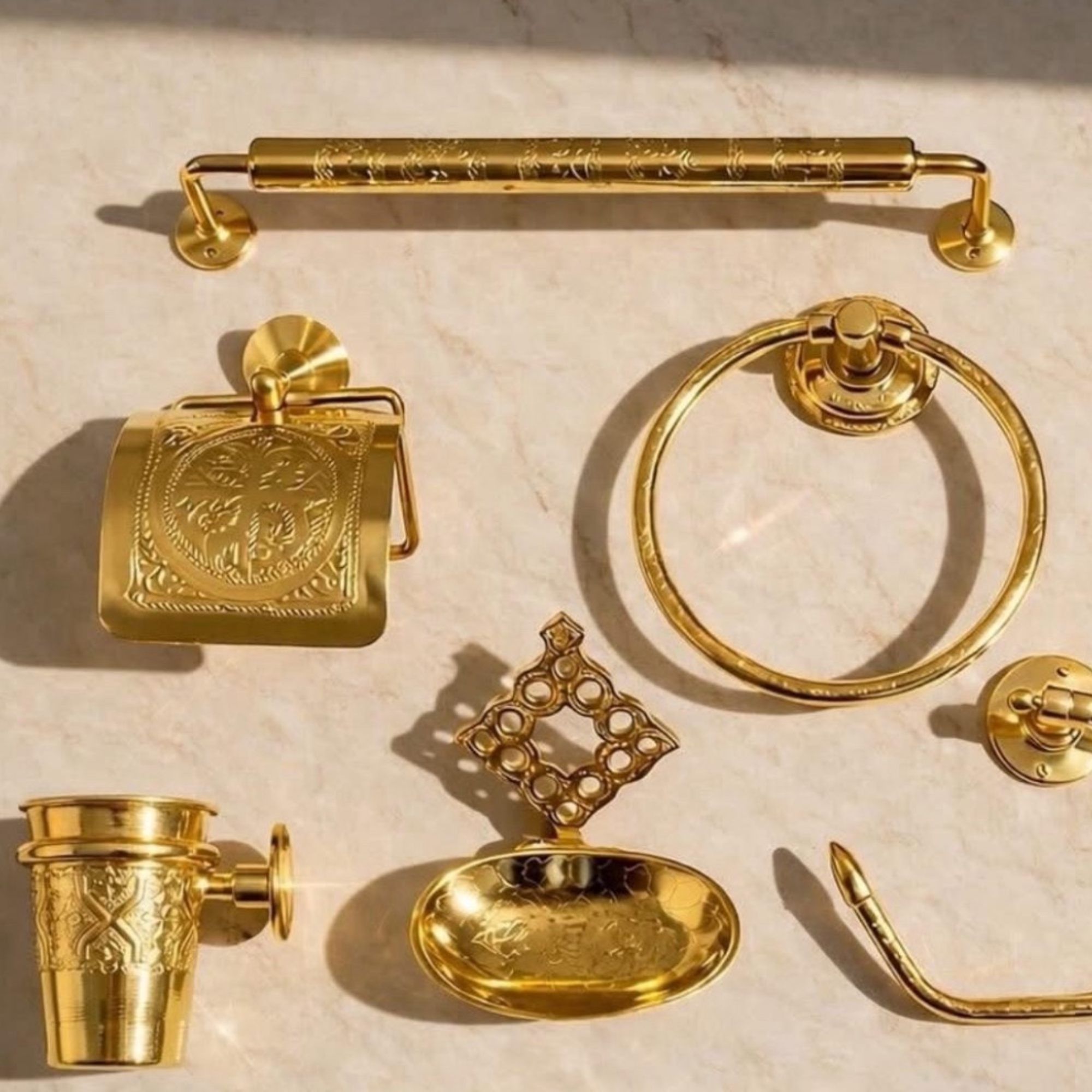 Moroccan Brass Bathroom Set – Hand-Engraved Towel Bar, Toilet Paper Holder & Wall Cup — view 6