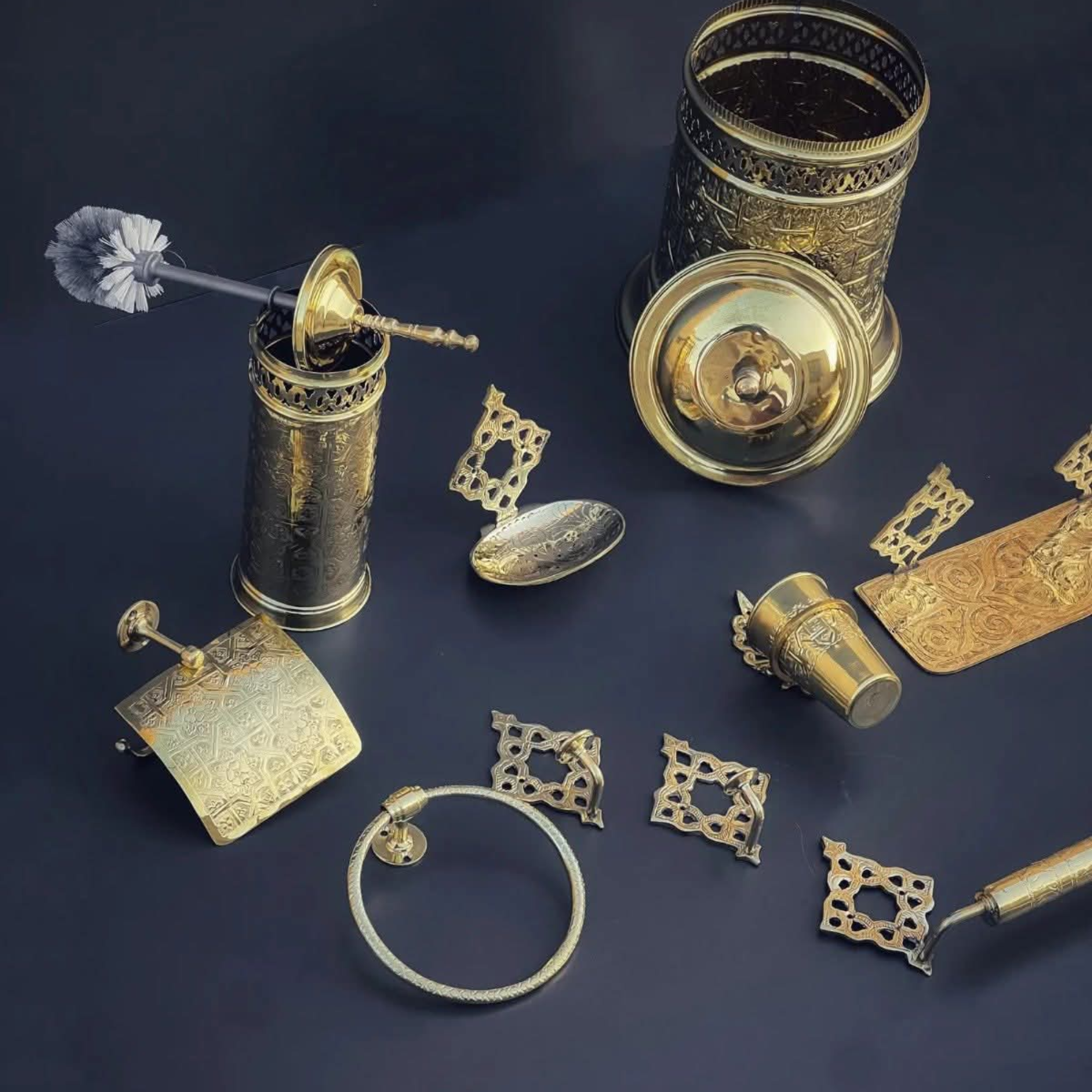 Moroccan Brass Bathroom Set – Hand-Engraved Towel Bar, Toilet Paper Holder & Wall Cup