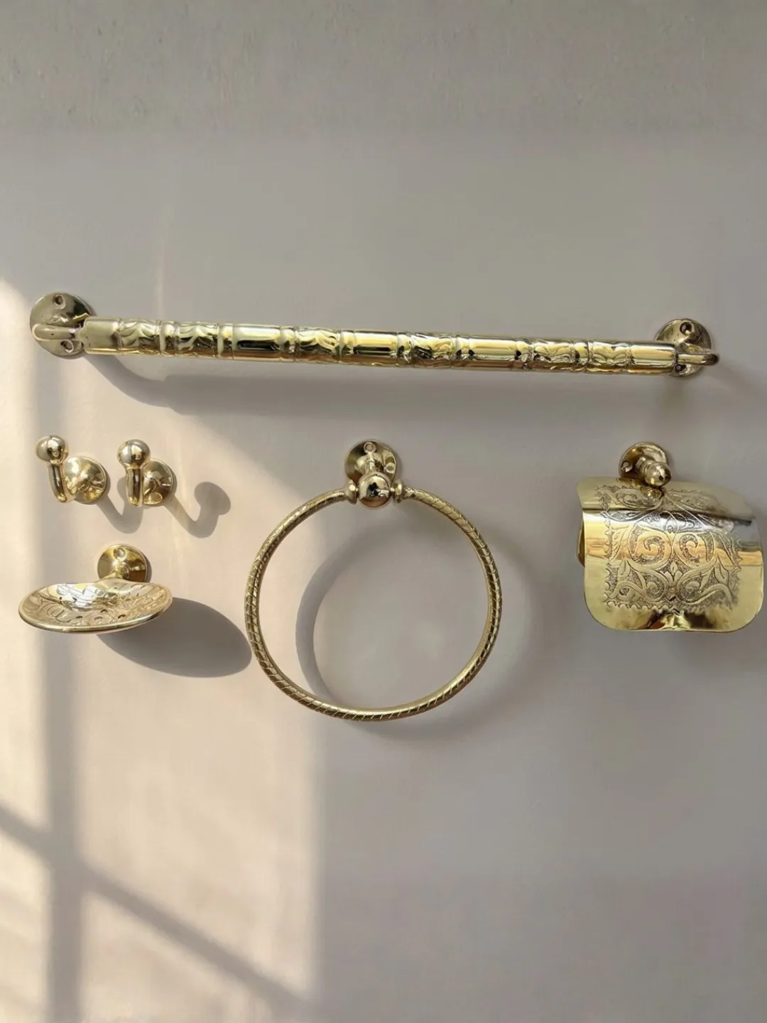 Moroccan Brass Bathroom Hardware Set, Hand-Engraved, 6 Piece