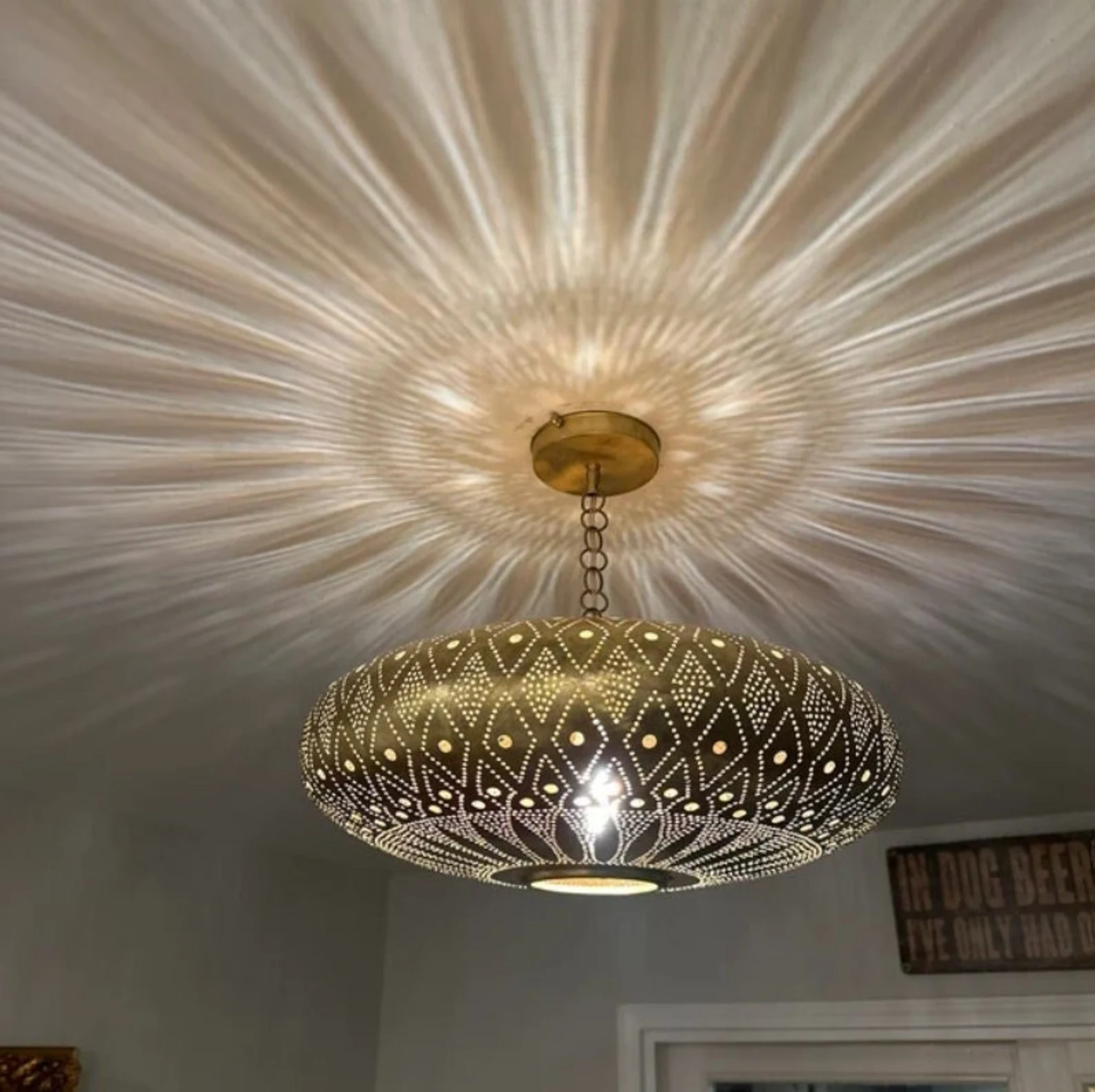 Moroccan Brass Ceiling Light – Handmade Hammered Pendant Lamp – Custom Finish (Bronze, Silver, Gold, Copper, Black) — view 6