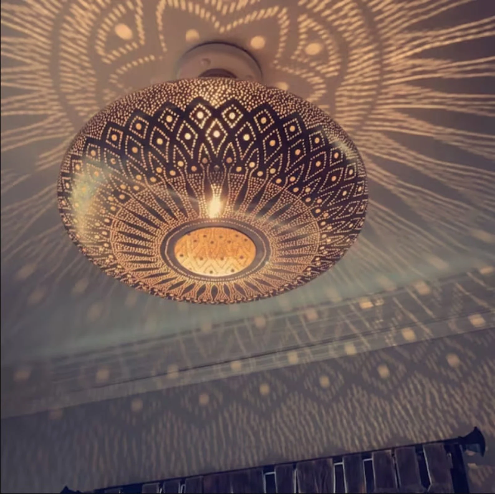 Moroccan Brass Ceiling Light – Handmade Hammered Pendant Lamp – Custom Finish (Bronze, Silver, Gold, Copper, Black) — view 8