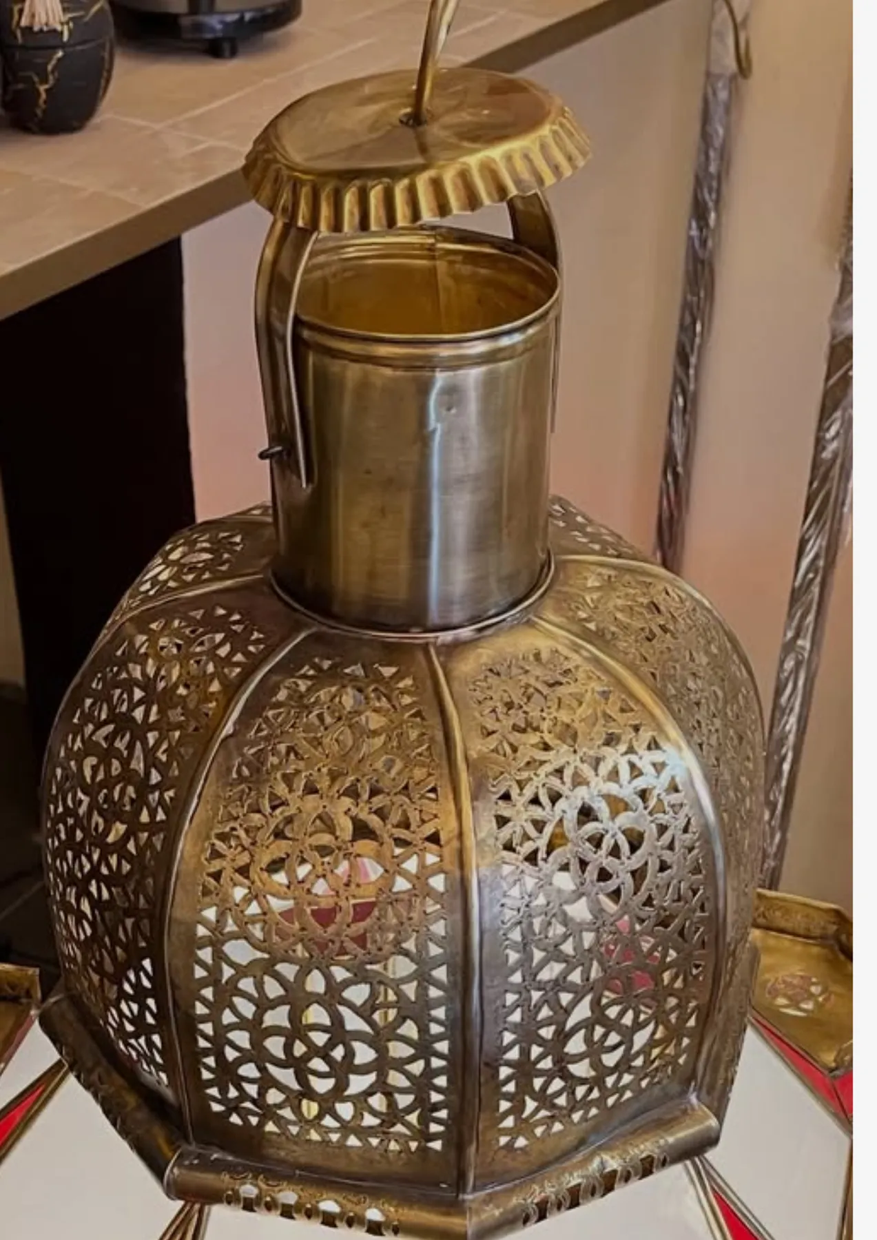 Moroccan Brass Lantern Red & Milk Glass, from Marrakech — view 4