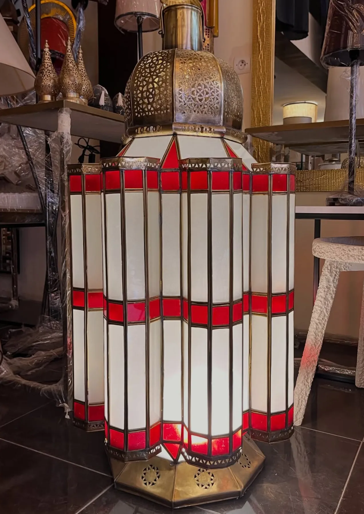 Moroccan Brass Lantern Red & Milk Glass, from Marrakech — view 3