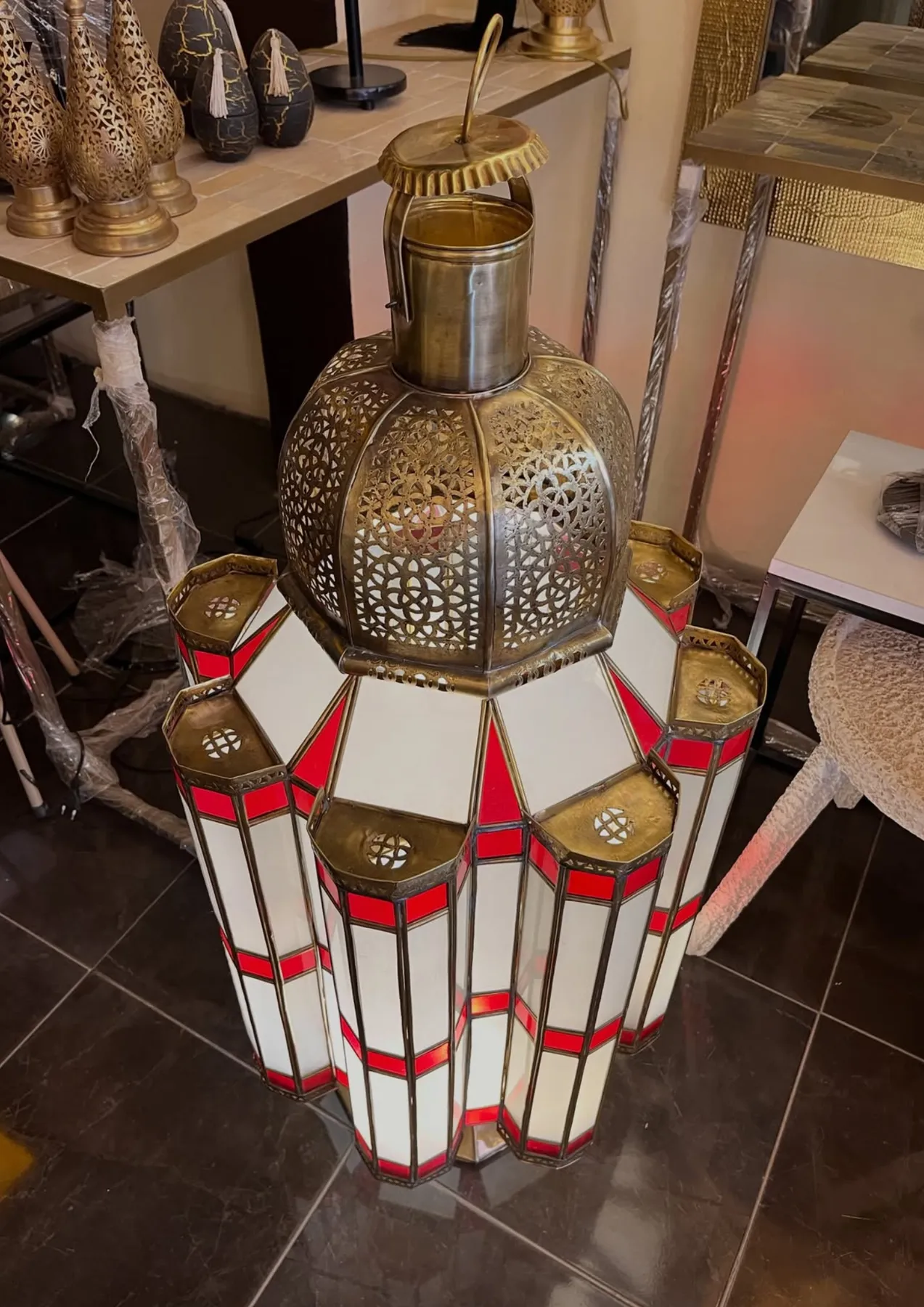 Moroccan Brass Lantern Red & Milk Glass, from Marrakech — view 8