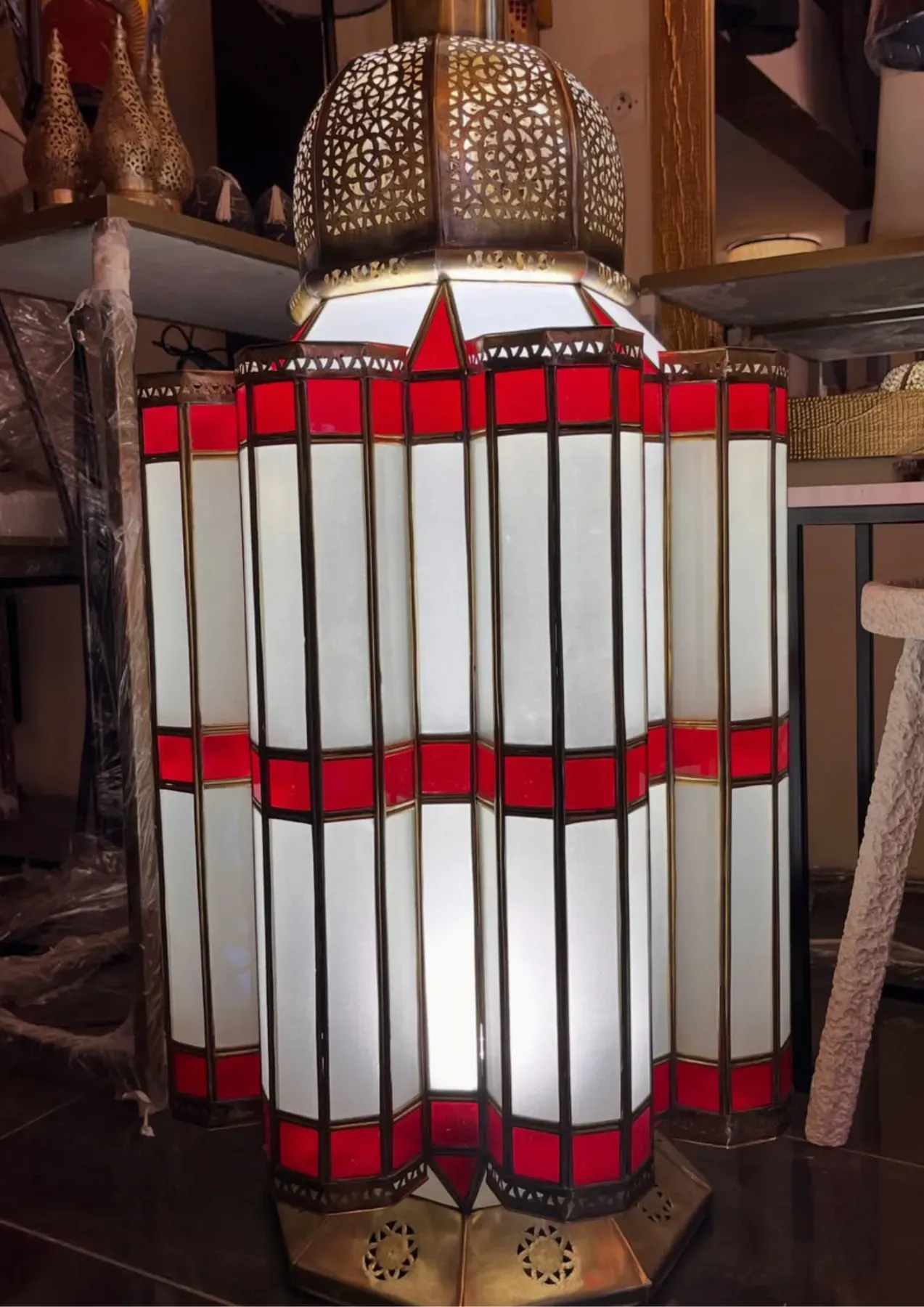 Moroccan Brass Lantern Red & Milk Glass, from Marrakech — view 6