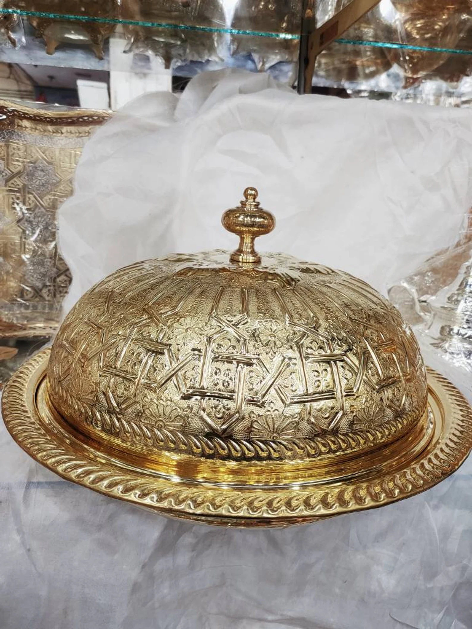 Marrakech Hand-Engraved Brass Platter with Dome Lid — view 4
