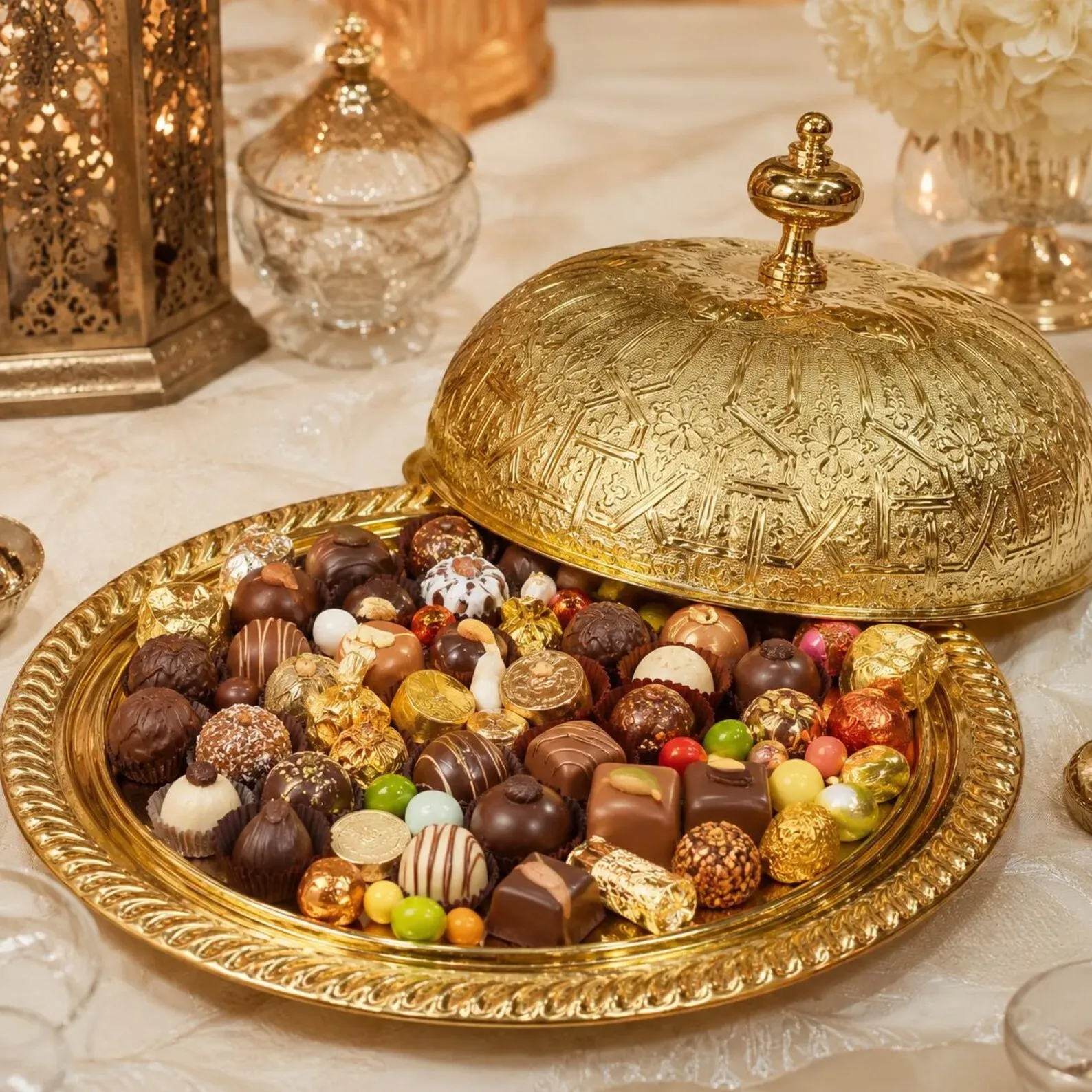 Marrakech Hand-Engraved Brass Platter with Dome Lid — view 7
