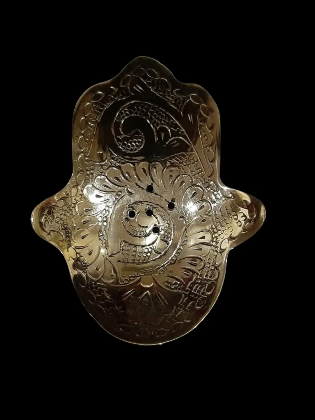 Moroccan Brass Soap Dish — Khamsa Design, Handmade Marrakech