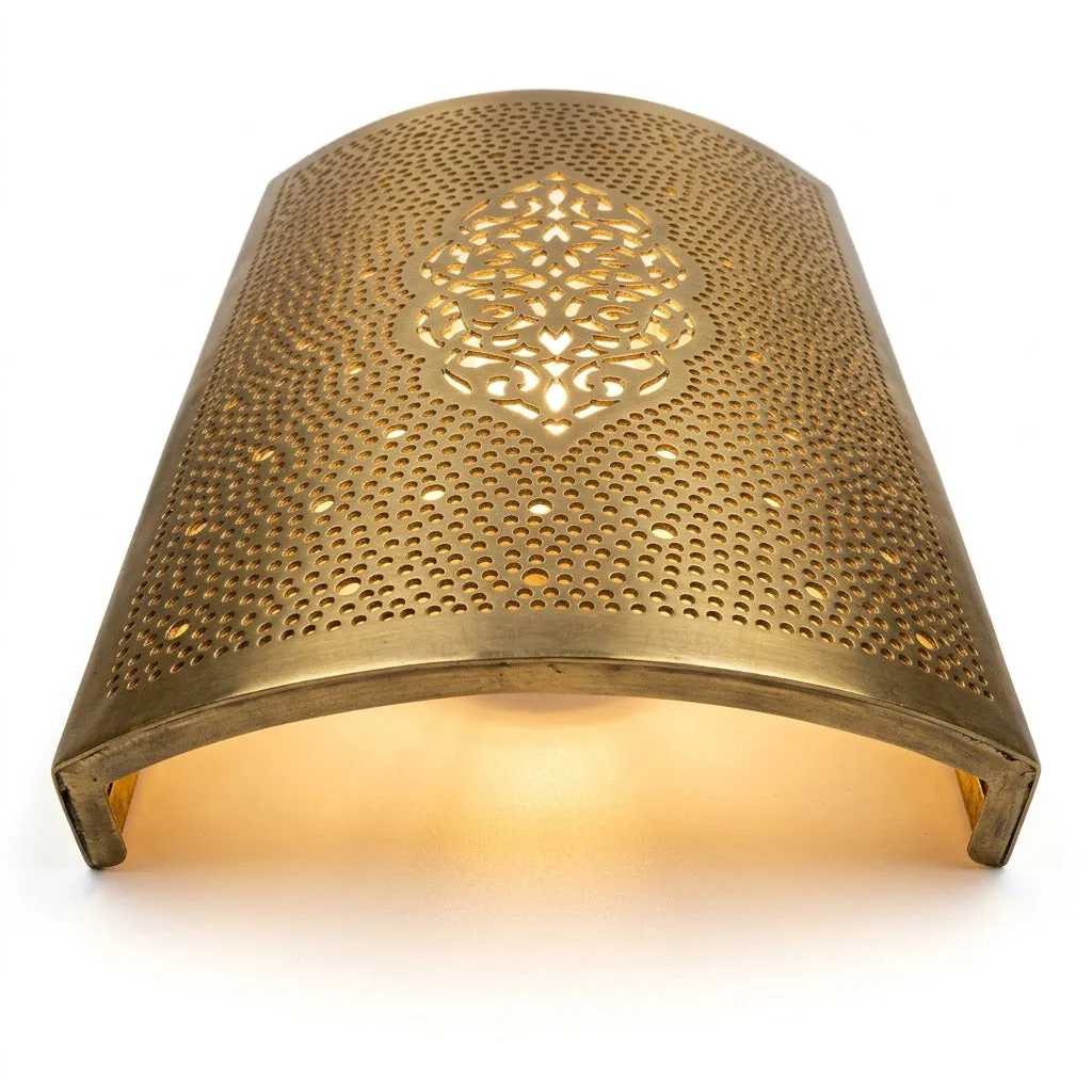 Moroccan Brass Wall Sconce Shade, Hand-Pierced Arabesque, Unwired