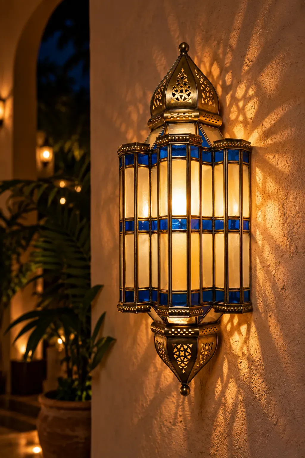 Moroccan Brass Wall Sconce with Colored Glass - image 1