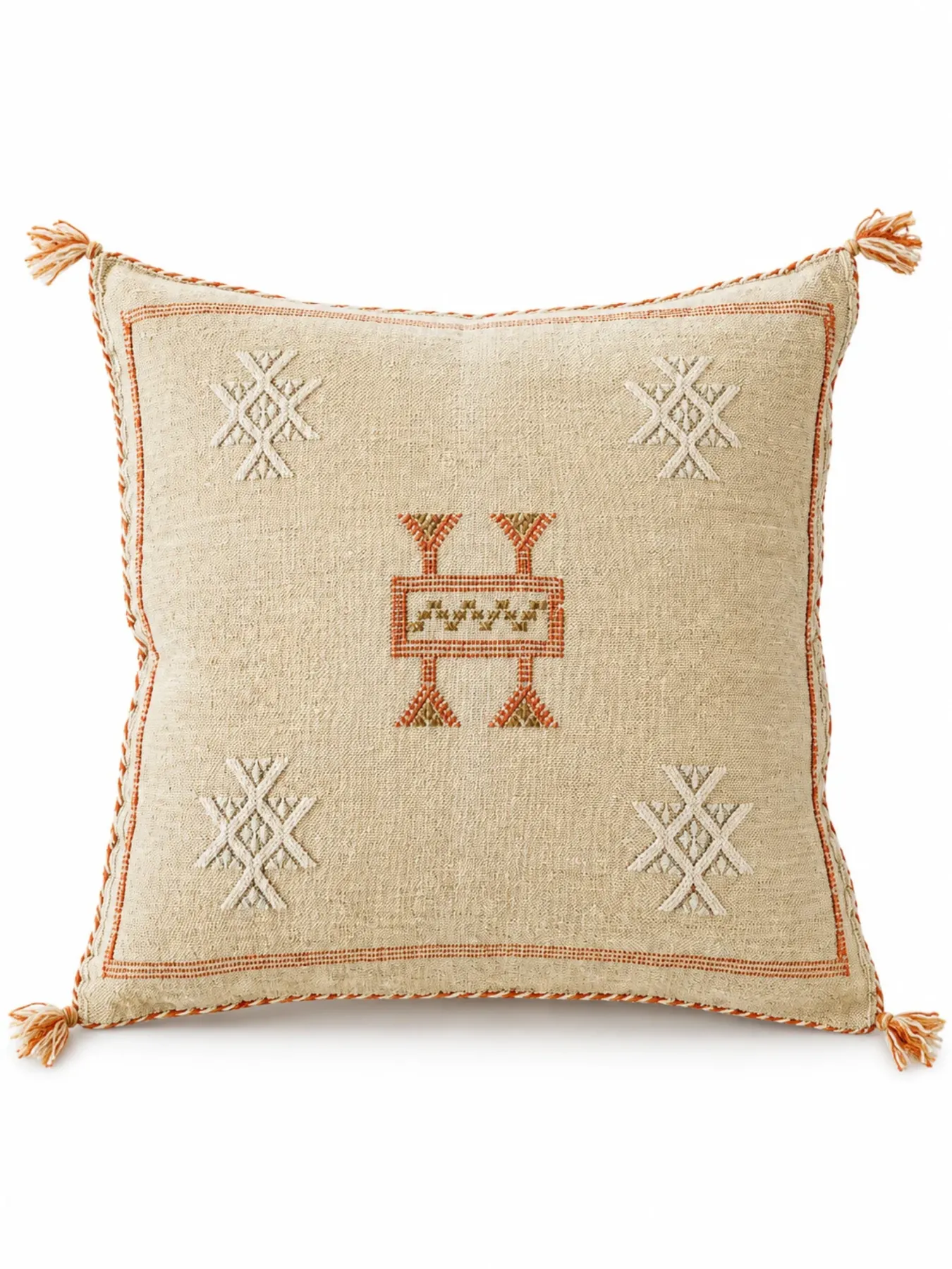 Handwoven Moroccan Sabra Cactus Silk Pillow Cover, Natural Beige Amazigh Textile
