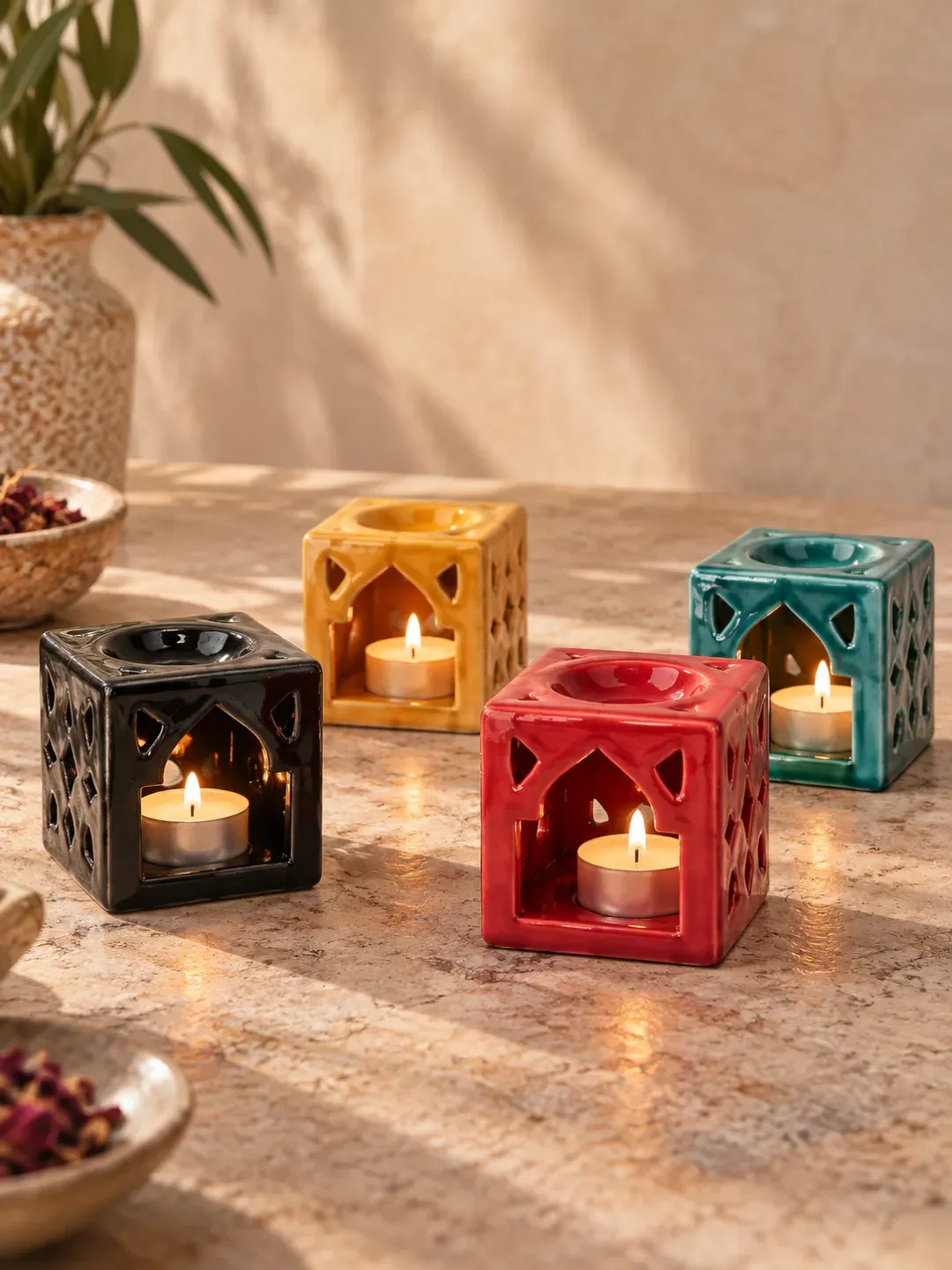 Moroccan Ceramic Oil Burner, Pierced Cube Handmade in Marrakesh