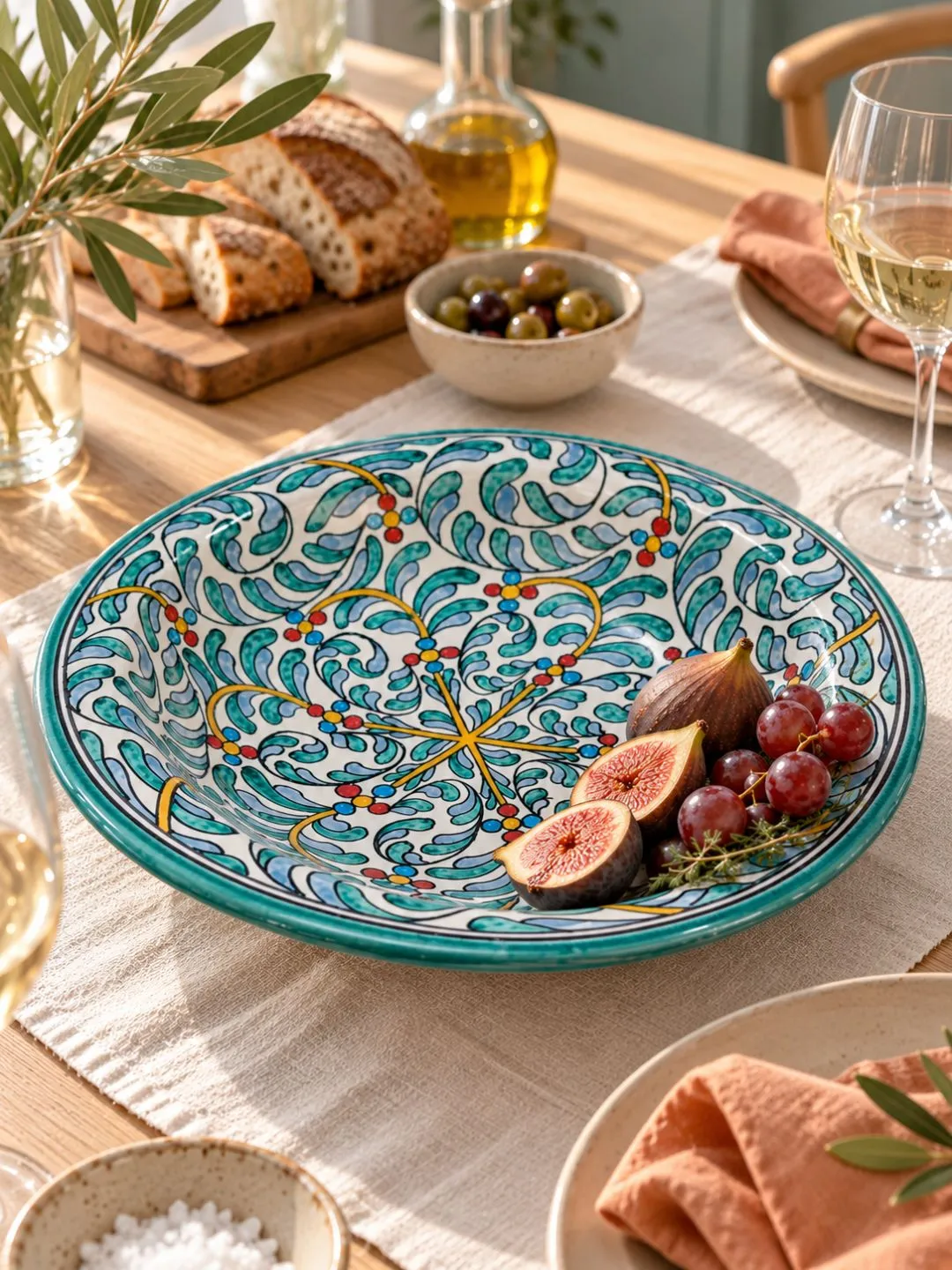Hand-painted Moroccan ceramic plate styled with figs on a warm, natural dining table