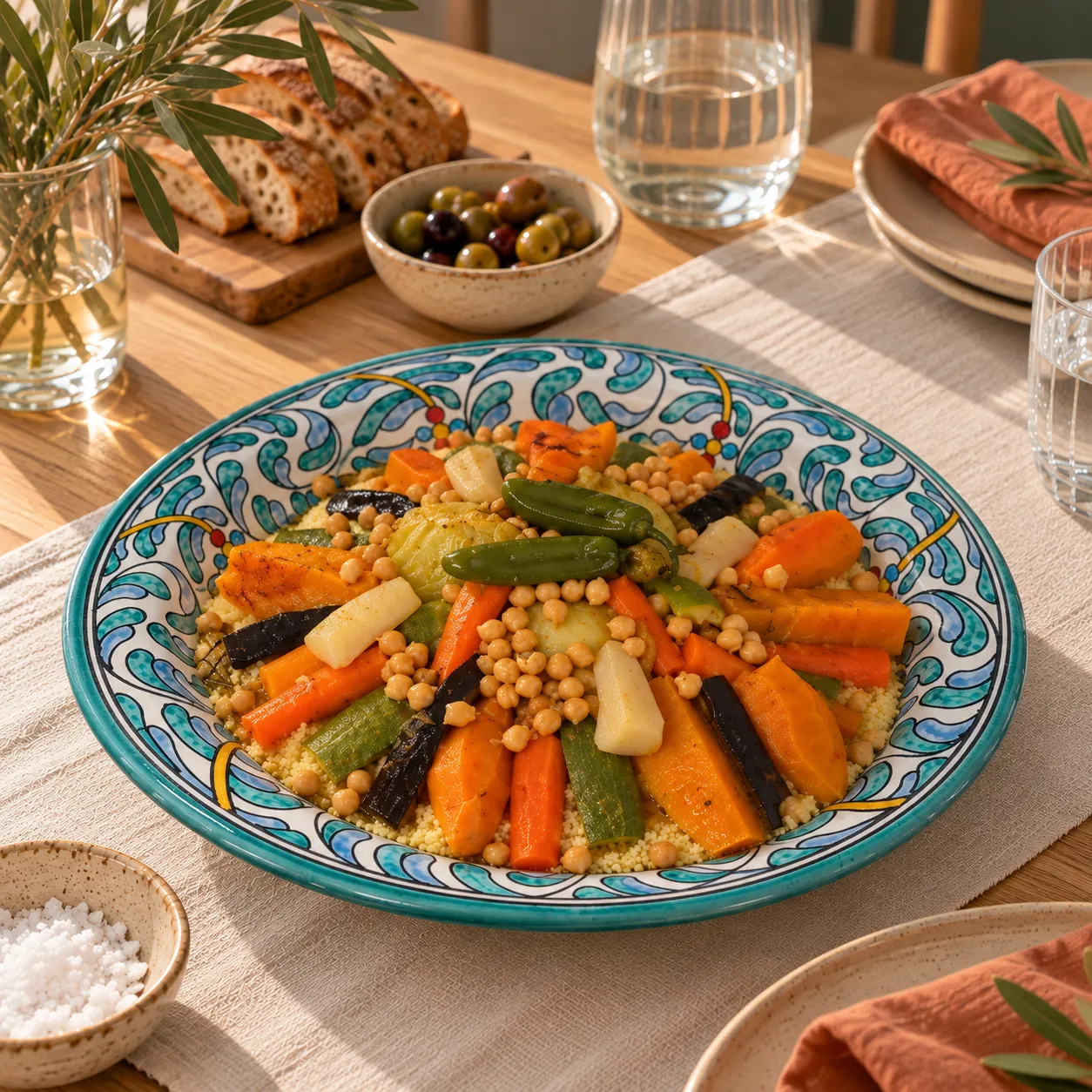 Moroccan Couscous Serving Plate, Hand-Painted Fès Ceramic, 28 cm