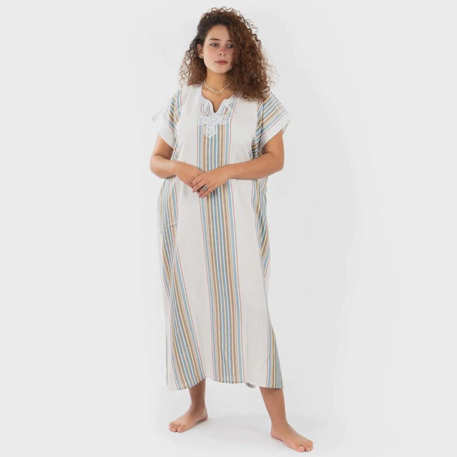 Moroccan Gandoura for Women – 100% Cotton Traditional Kaftan Dress – Lightweight Summer Loungewear (Multiple Colors) — view 4