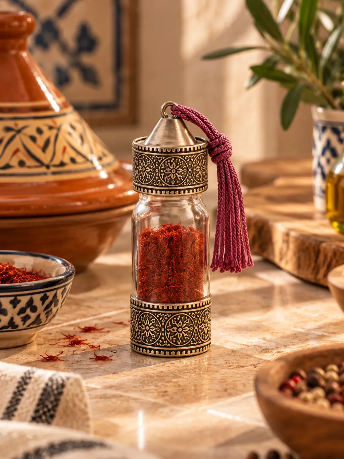 Moroccan Glass Spice Jar with Hand-Carved Metal Detail 10 Pieces