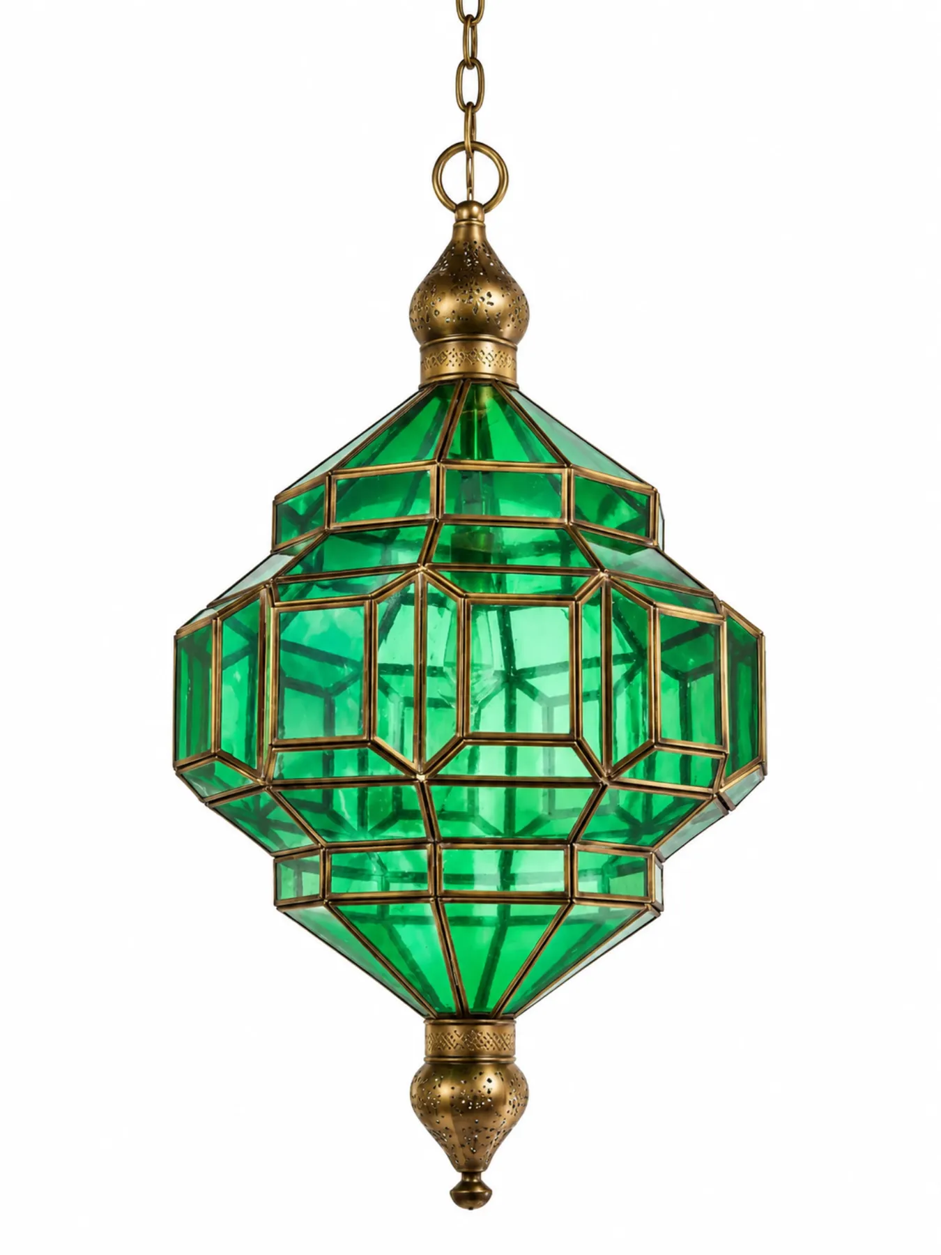 Handcrafted Emerald Green Moroccan Lantern, Fès Copper & Glass Pendant