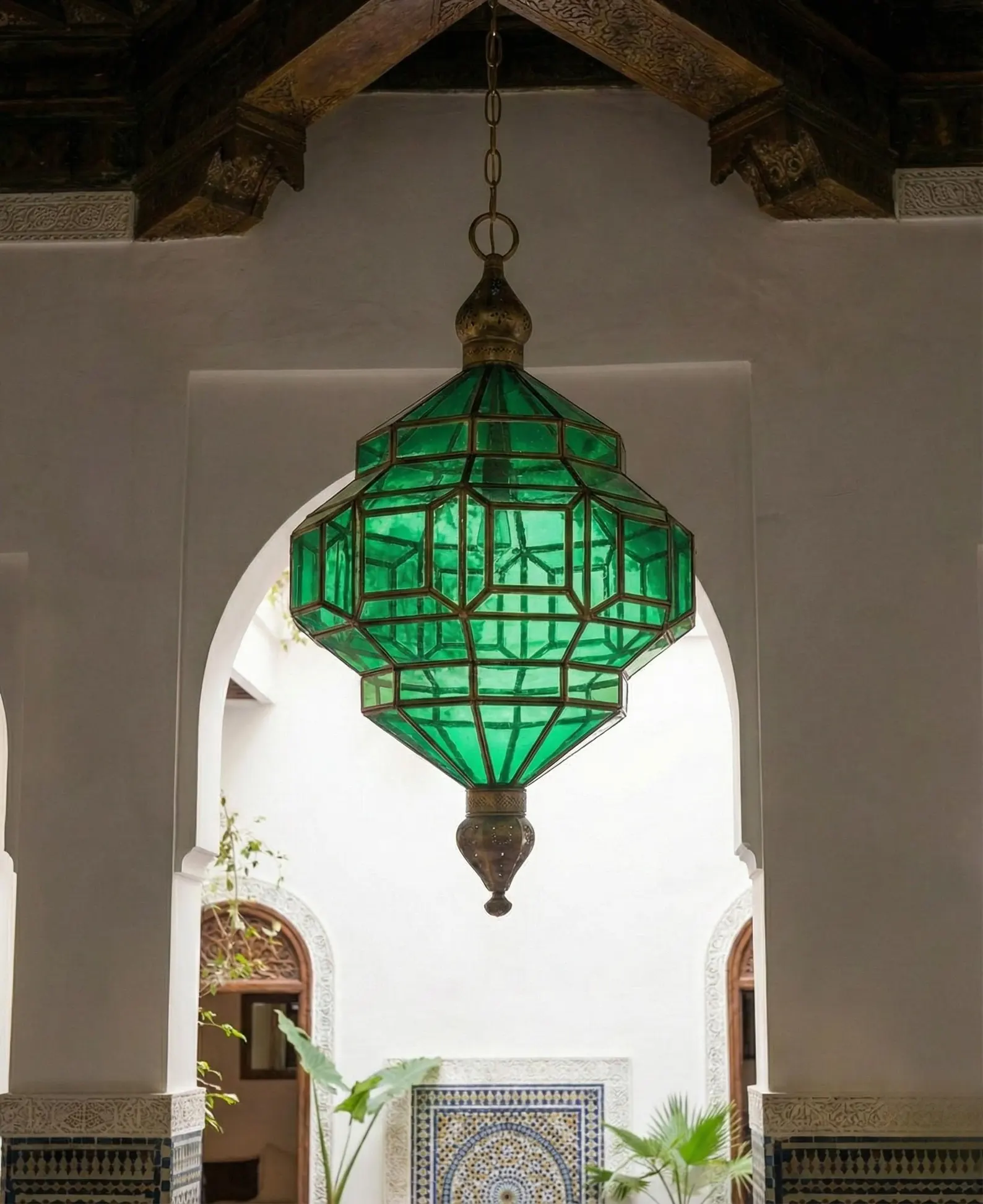 Fès Green Glass Lantern with Copper Frame