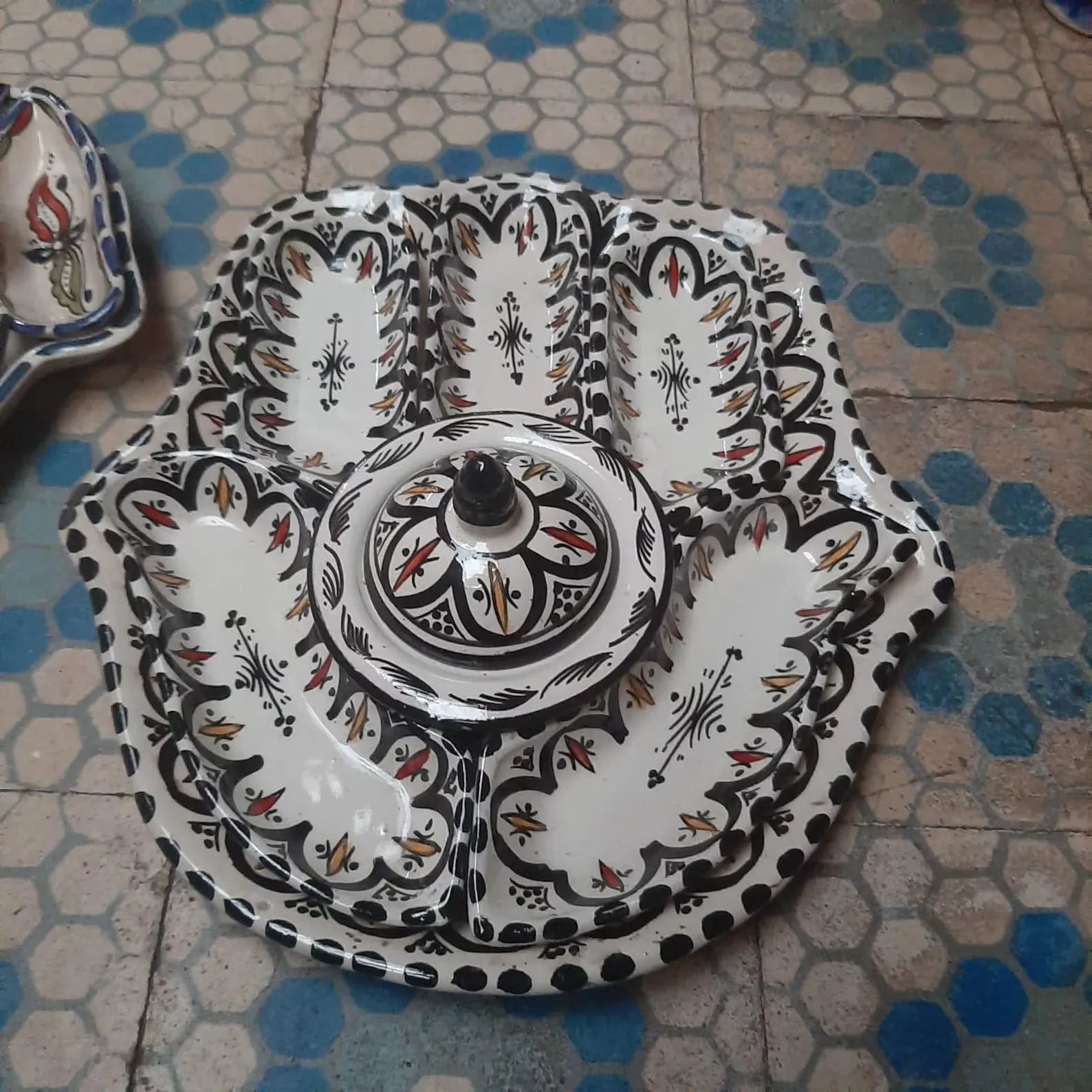 Moroccan Hamsa Ceramic Serving Set – Handmade 5-Piece Snack & Mezze Dish – Hand-Painted Safi Pottery Gift