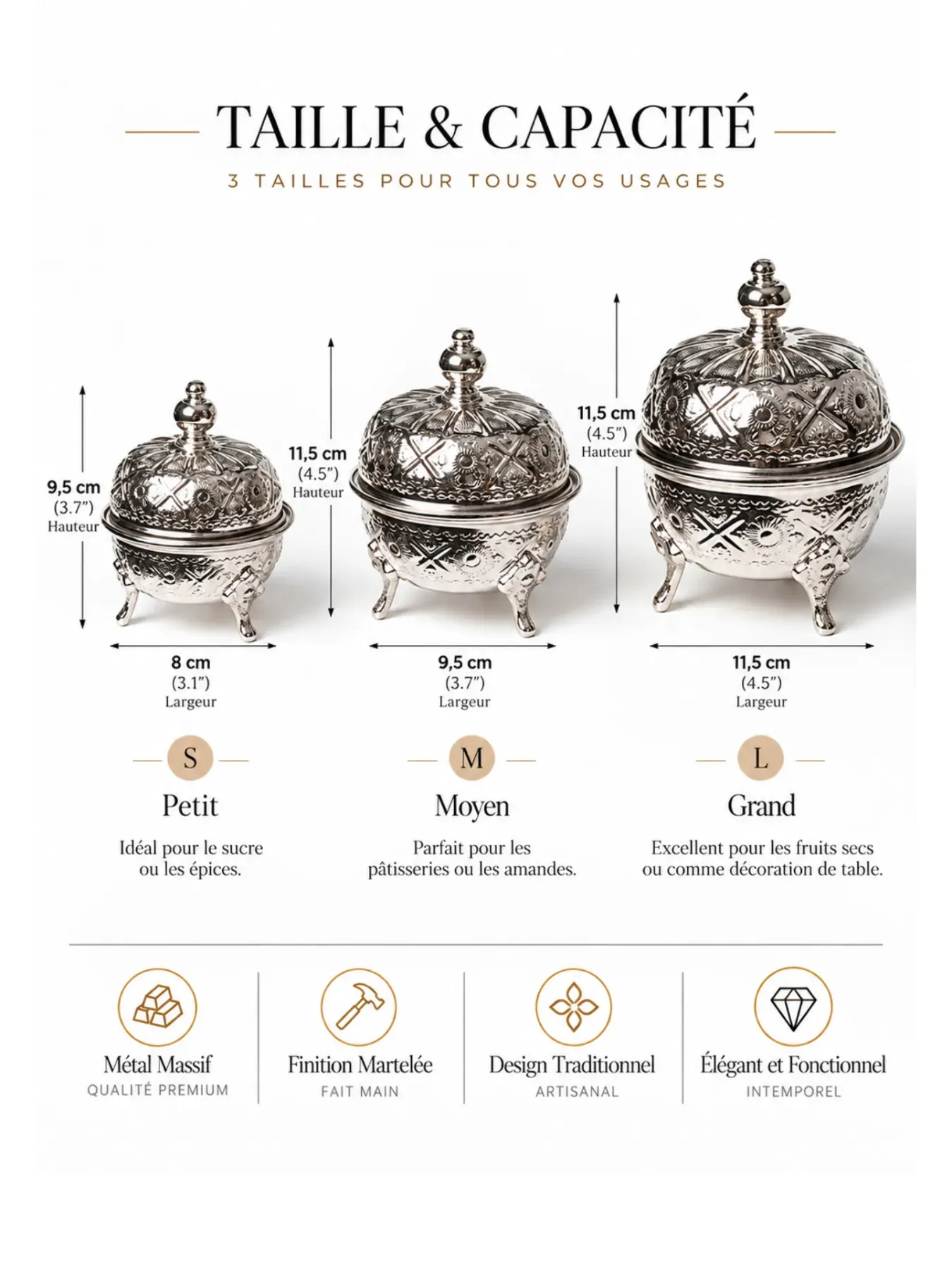 Moroccan Hand-Engraved Copper Sugar & Spice Bowl, 3 Sizes, To scale