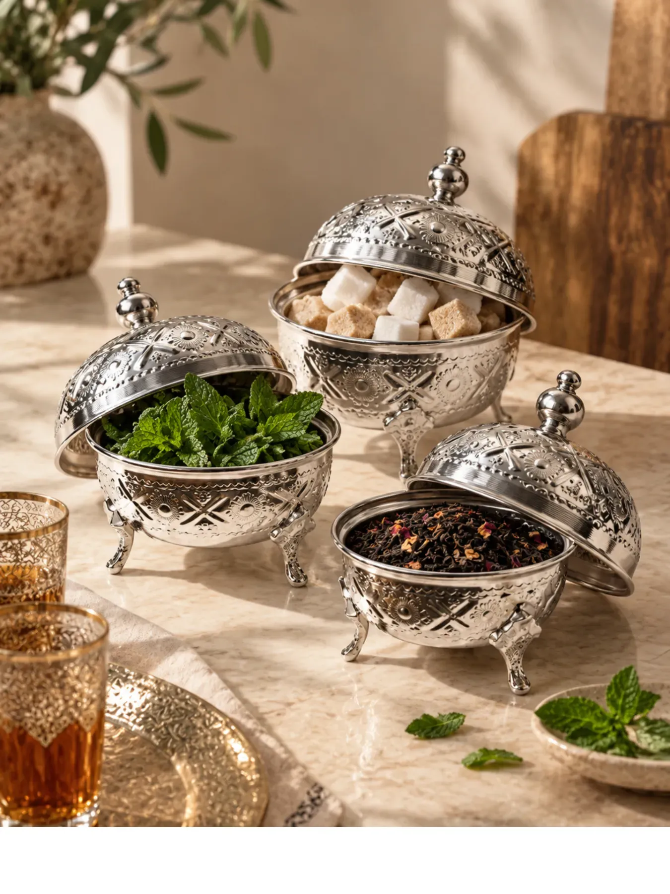 Moroccan Hand-Engraved Copper Sugar & Spice Bowl, 3 Sizes, In use