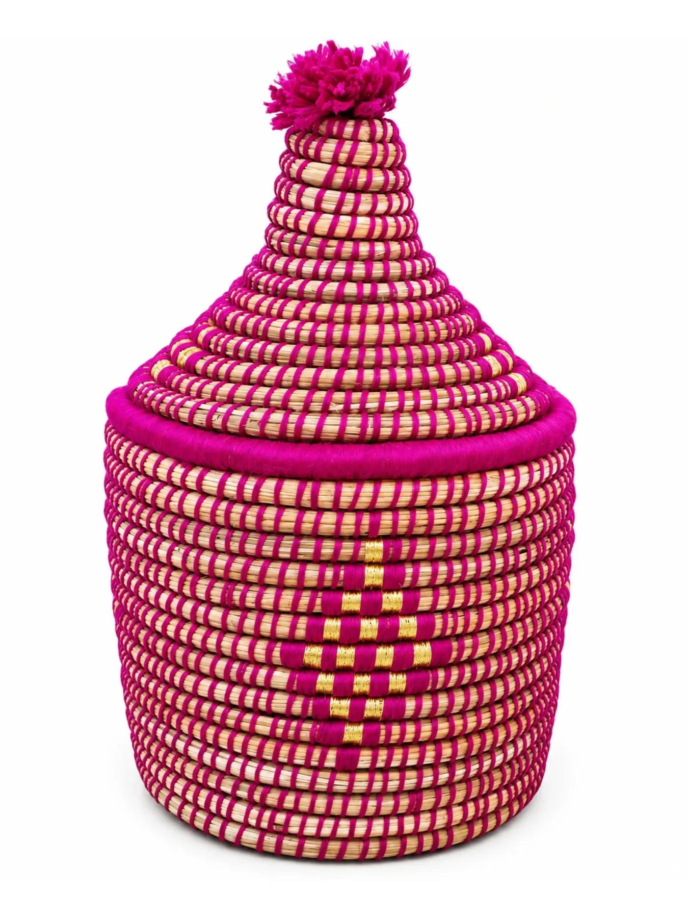 Handwoven Moroccan Raffia Storage Box with Lid, Marrakech Wool & Palm Fiber Basket
