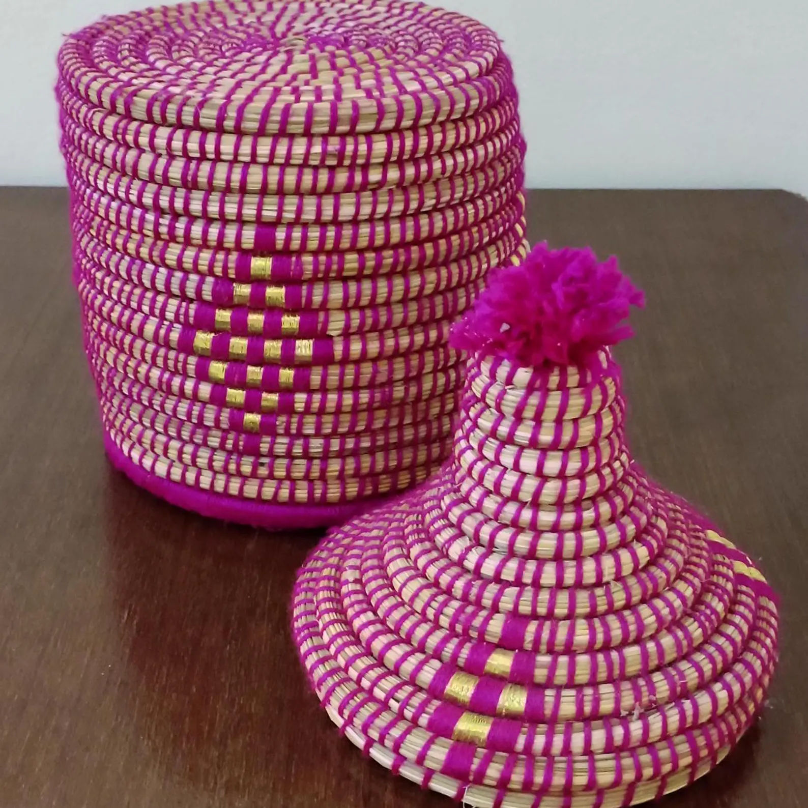 Hand-Woven Raffia Box with Colorful Wool Patterns — view 3
