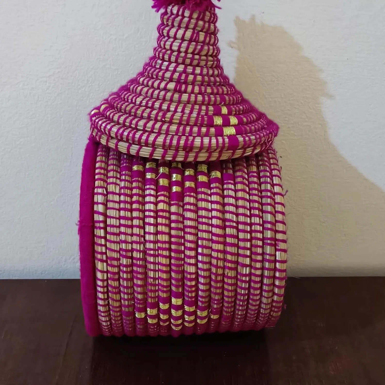 Hand-Woven Raffia Box with Colorful Wool Patterns — view 6