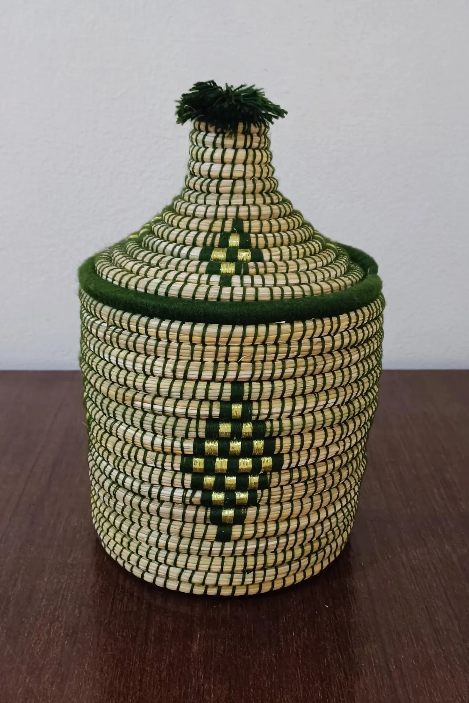Hand-Woven Raffia Box with Colorful Wool Patterns — view 8