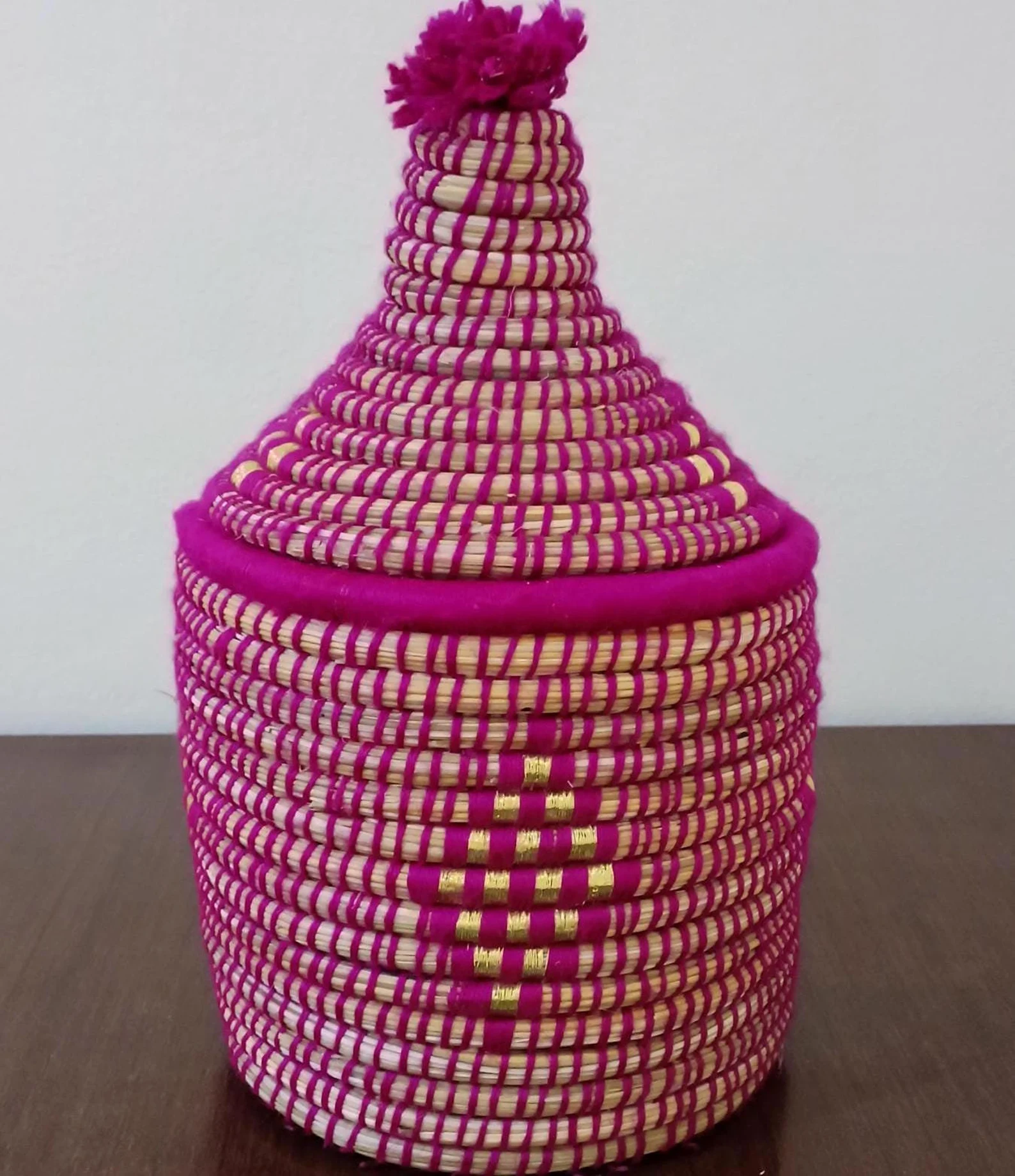 Hand-Woven Raffia Box with Colorful Wool Patterns