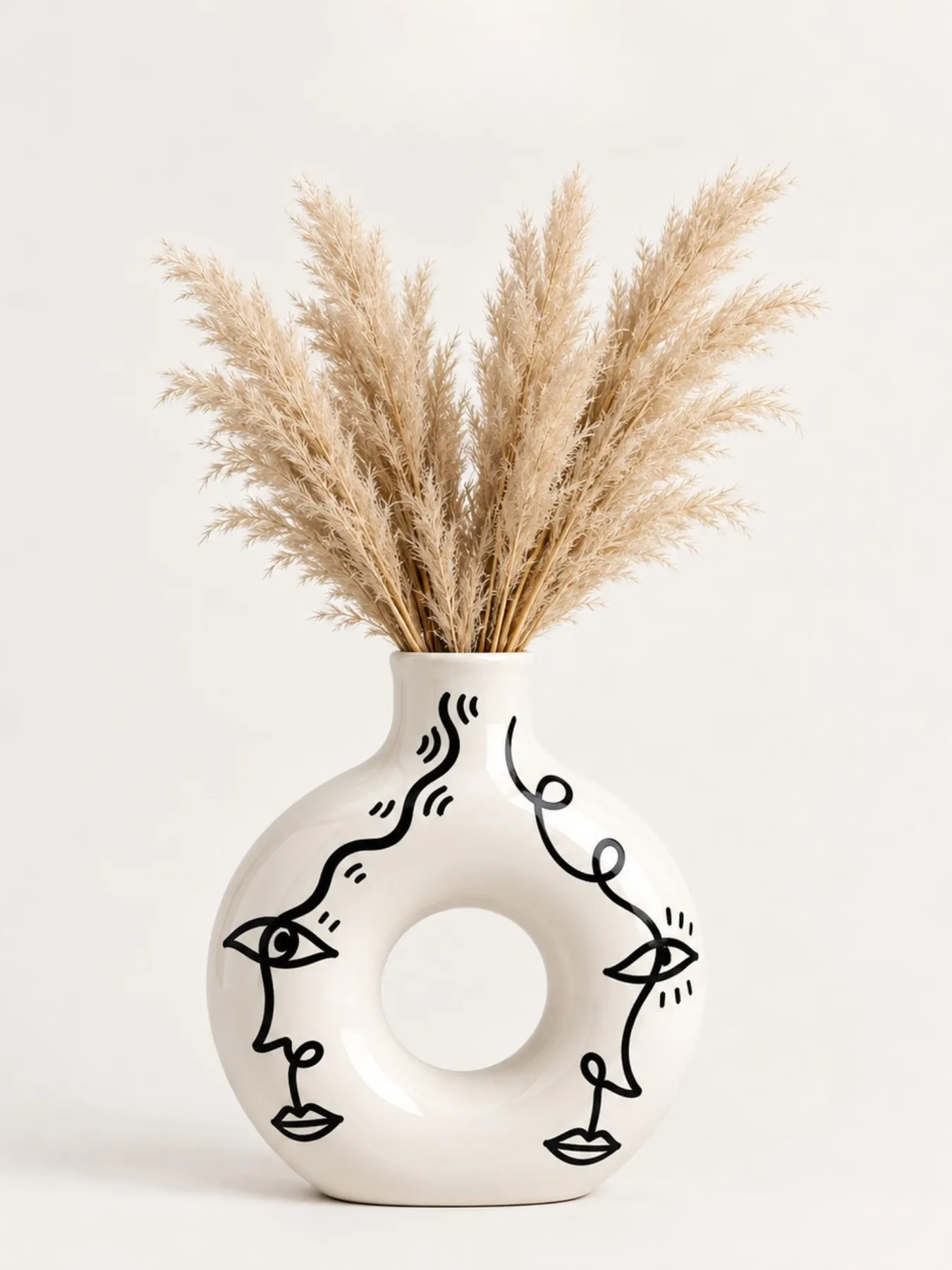 Hand-Painted Donut Vase, Line Faces, Marrakech Clay