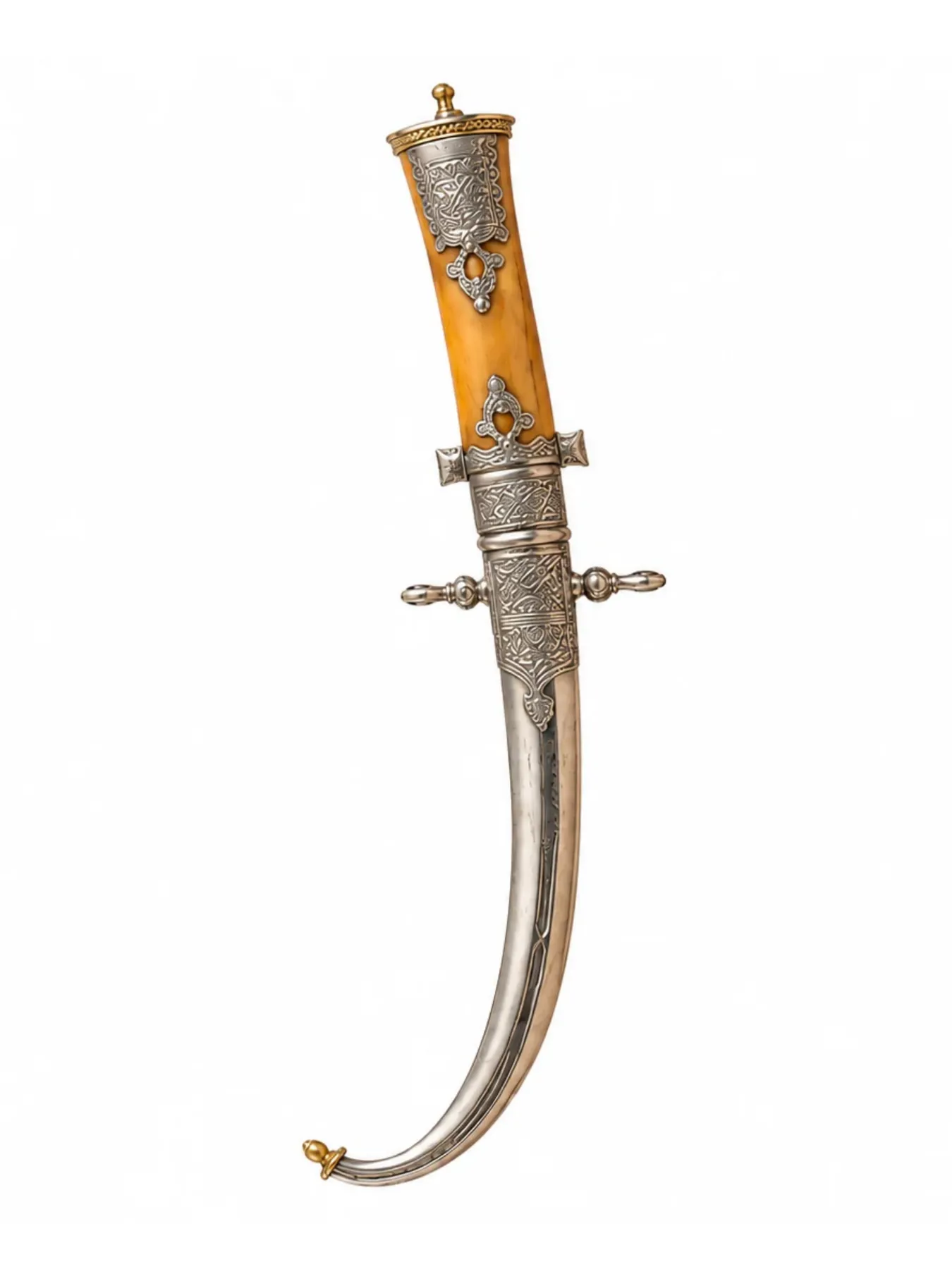Handcrafted Moroccan Koummya Khanjar, Engraved Brass & Bone Ceremonial Dagger