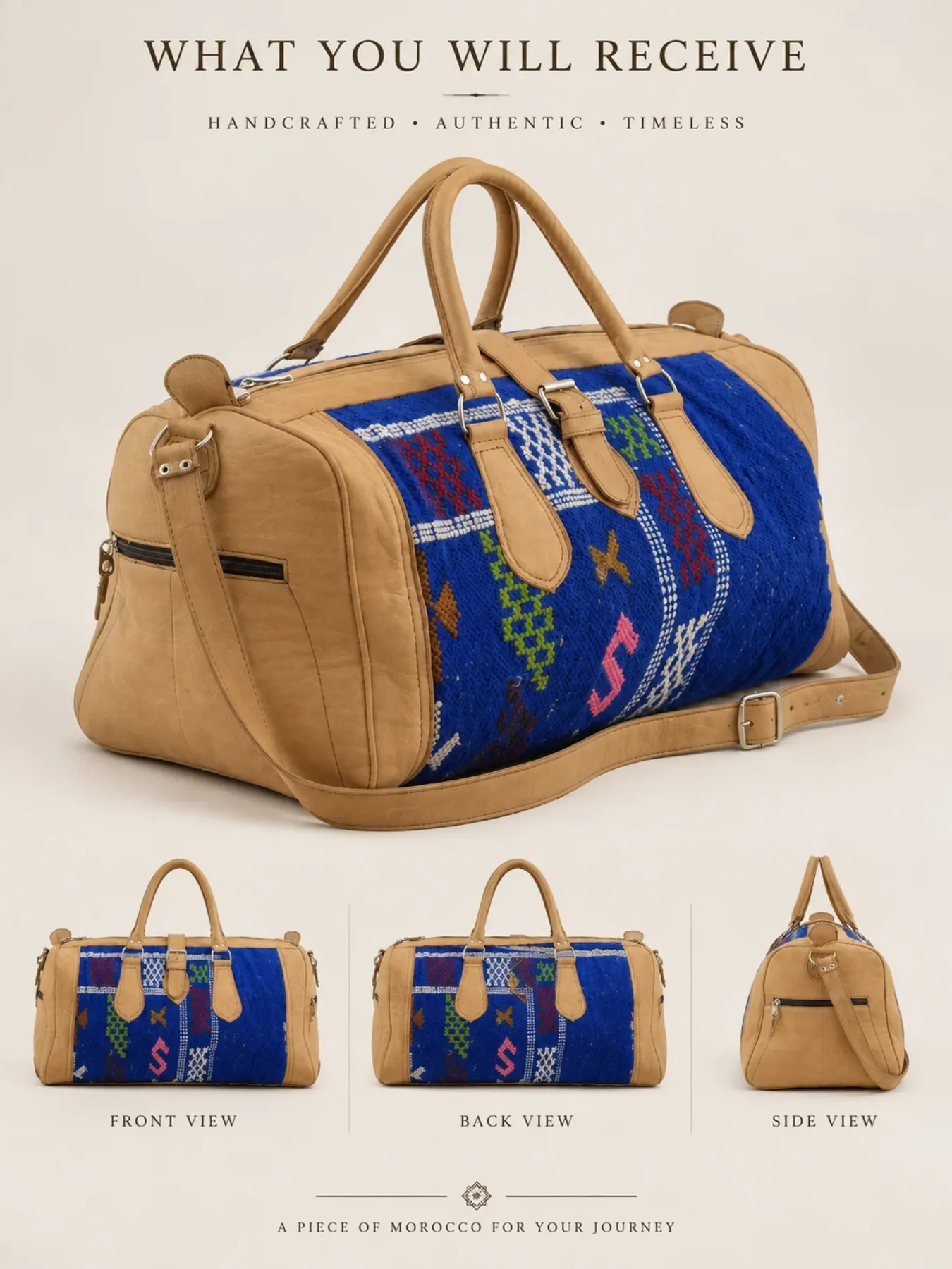 Handcrafted Moroccan Kilim Leather Travel Duffel Bag, Fes Leather Weekender