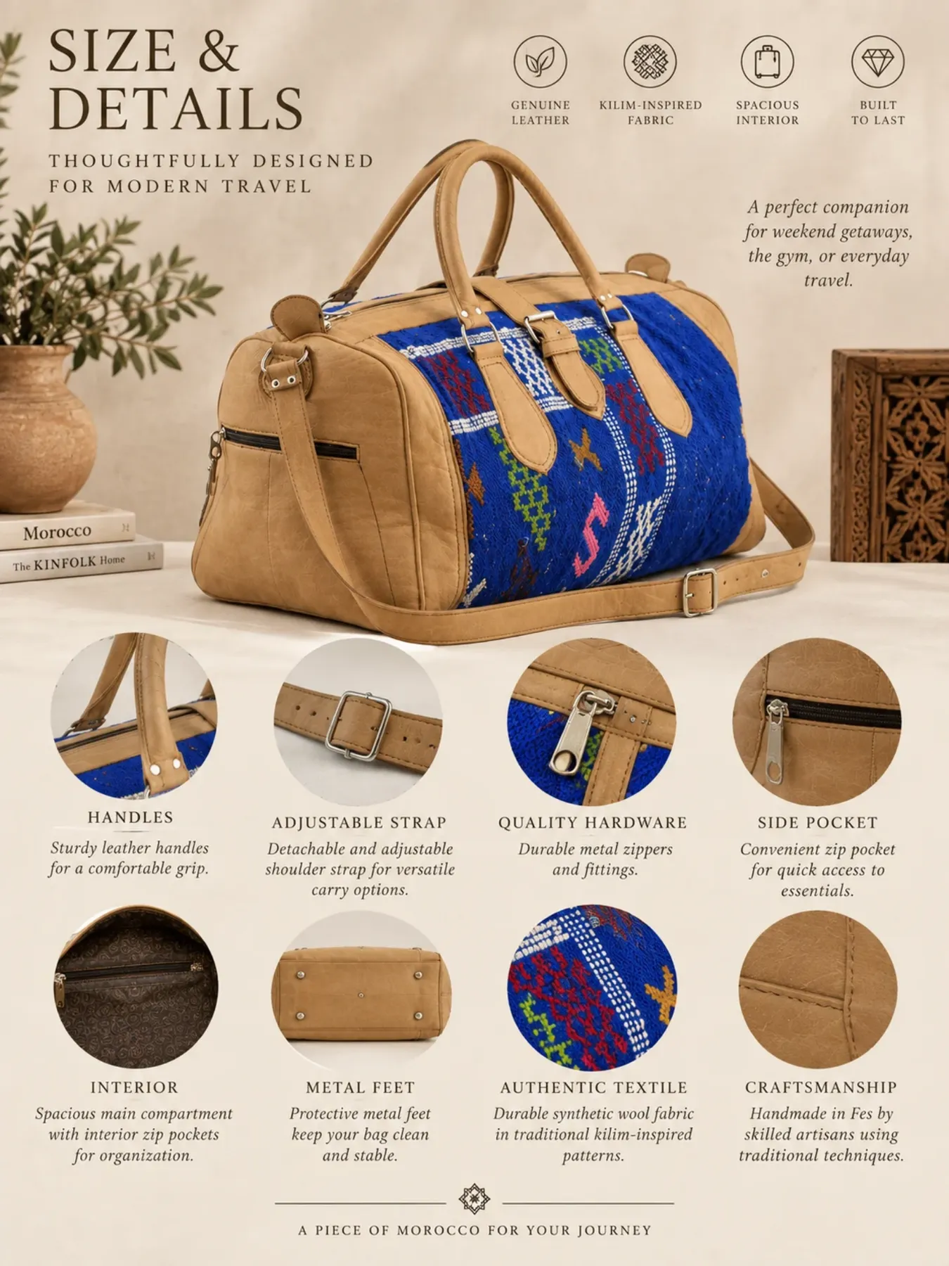 Handcrafted Moroccan Kilim Leather Travel Duffel Bag, Fes Leather Weekender