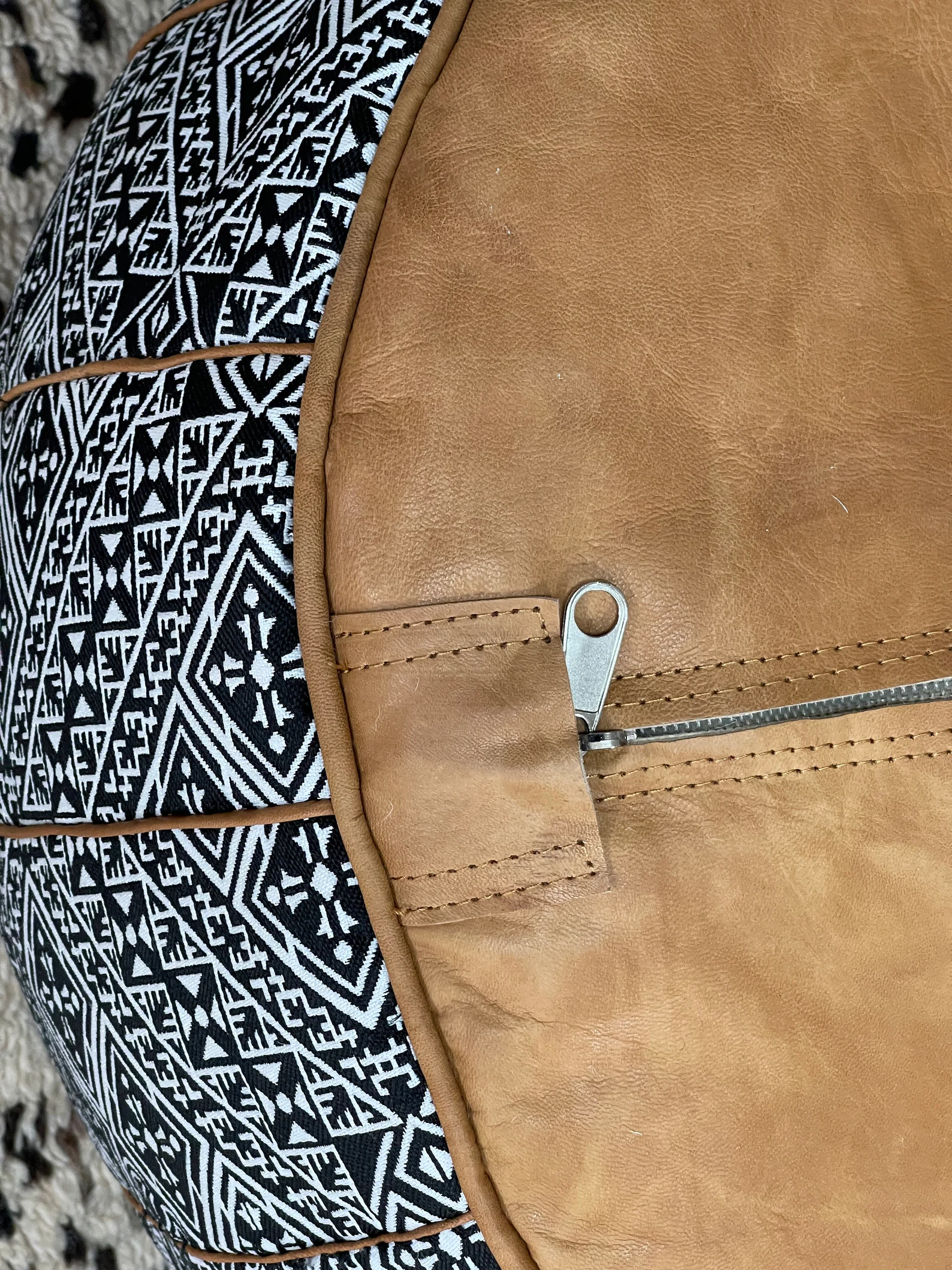 Leather & Fabric Pouf Cover – Fes Handcrafted Ottoman — view 8